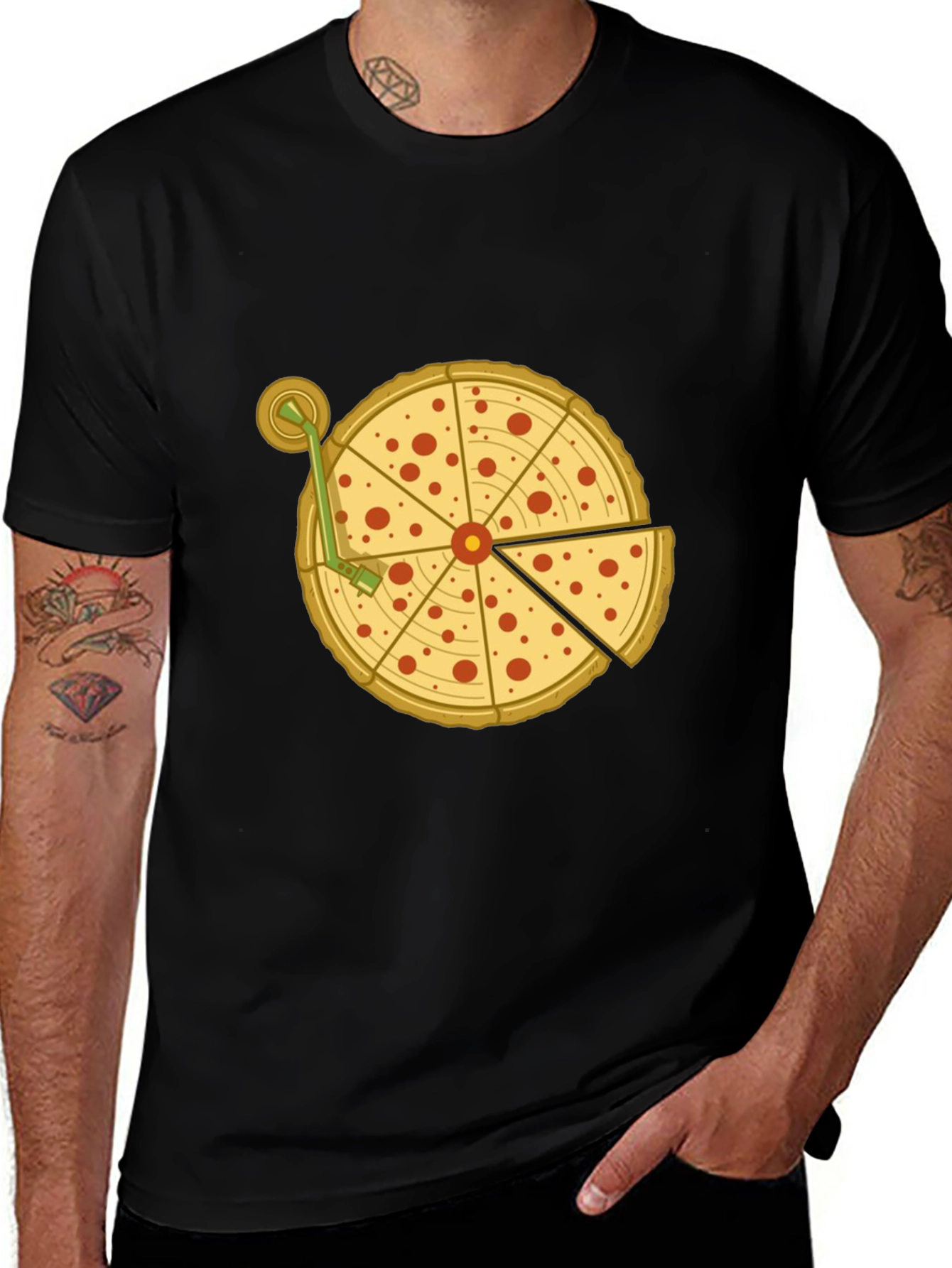 Variant 22 of Pizza Turntable Graphic Tee - Black Cotton T-Shirt