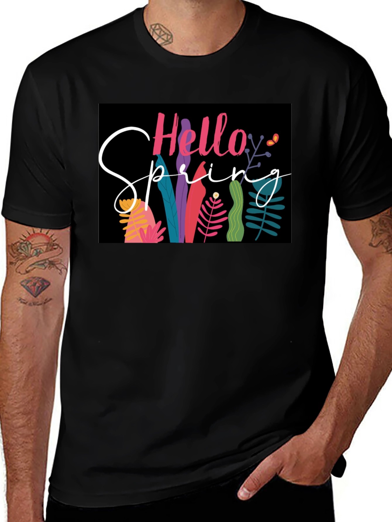 Variant 11 of Hello Spring Graphic Tee - Black Cotton Casual