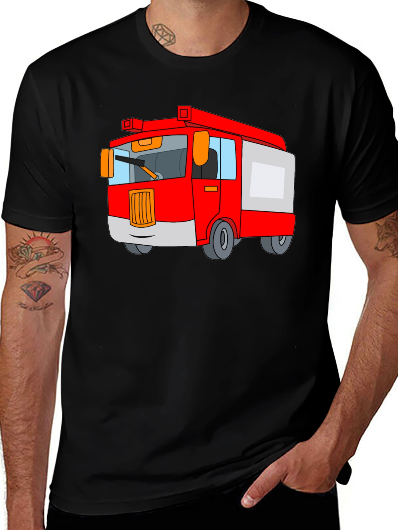 Variant 17 of Fire Truck Cartoon Graphic Black T-Shirt