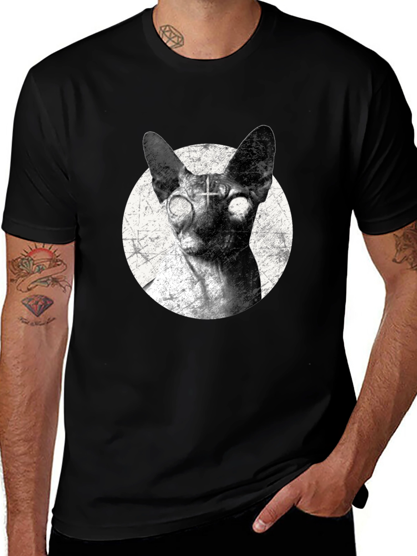 Variant 29 of Creepy Cat T-Shirt - Sphynx with Upside-Down Cross