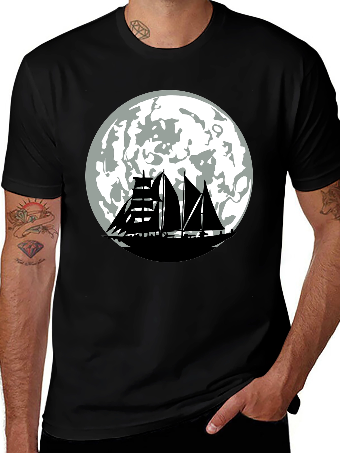 Variant 30 of Sailboat Moon Graphic Tee - Black Cotton Shirt