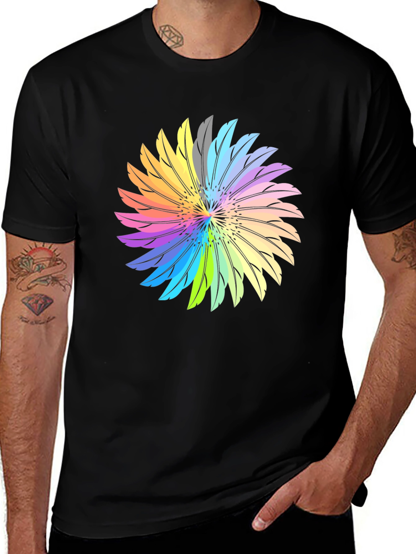 Variant 5 of Colorful Featherburst Graphic Tee - Black Cotton T-Shirt
