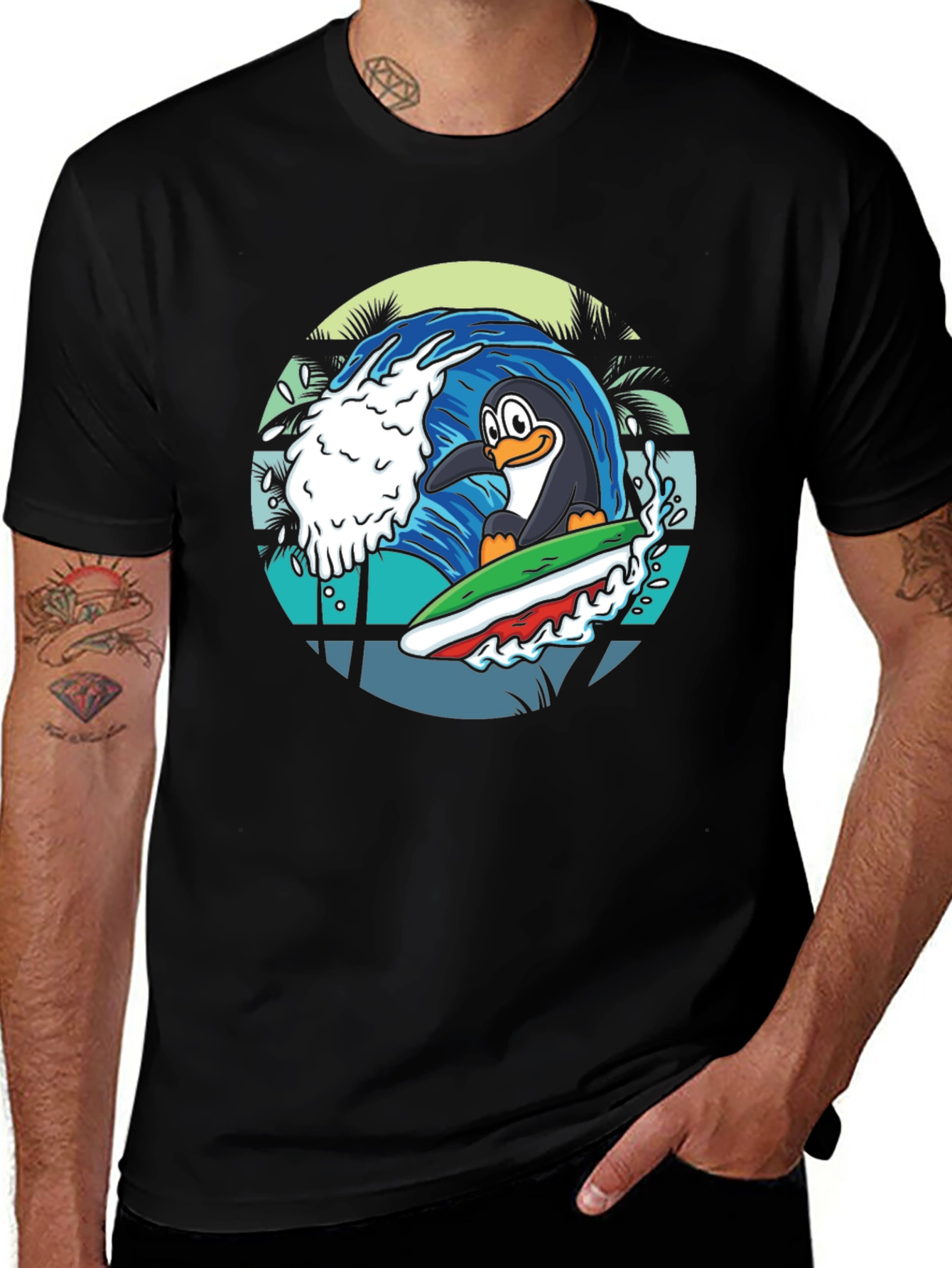 Variant 22 of Surfing Penguin Graphic Tee - Black