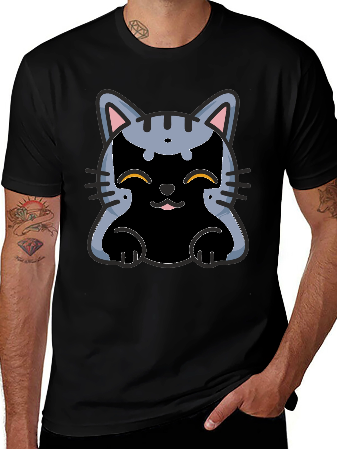 Variant 2 of Cute Cartoon Cat Graphic Tee - Black