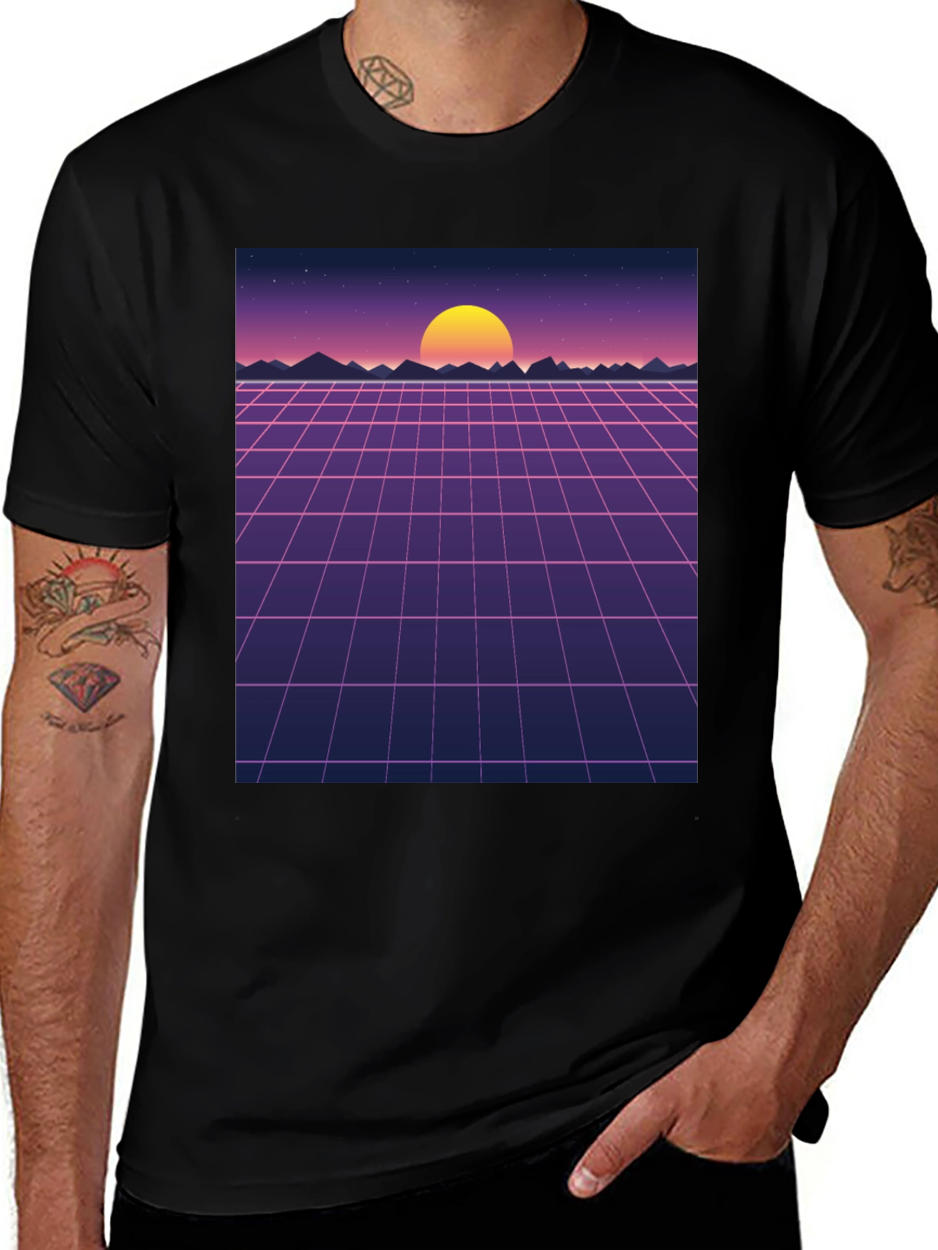 Variant 19 of Retro Sunset Grid Graphic Tee - Synthwave Style Shirt
