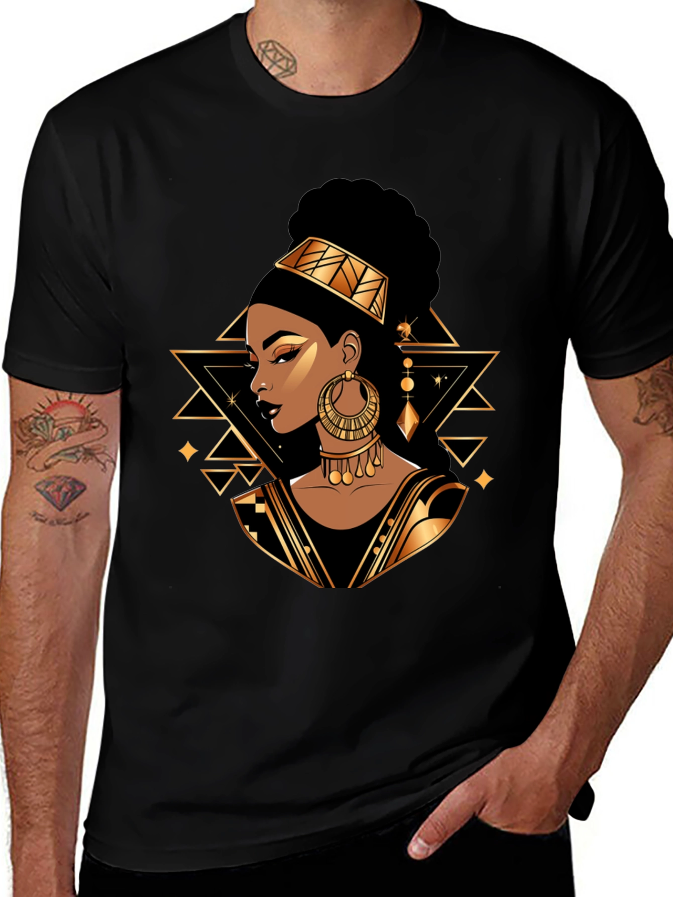 Black Tee with Elegant African Queen Graphic