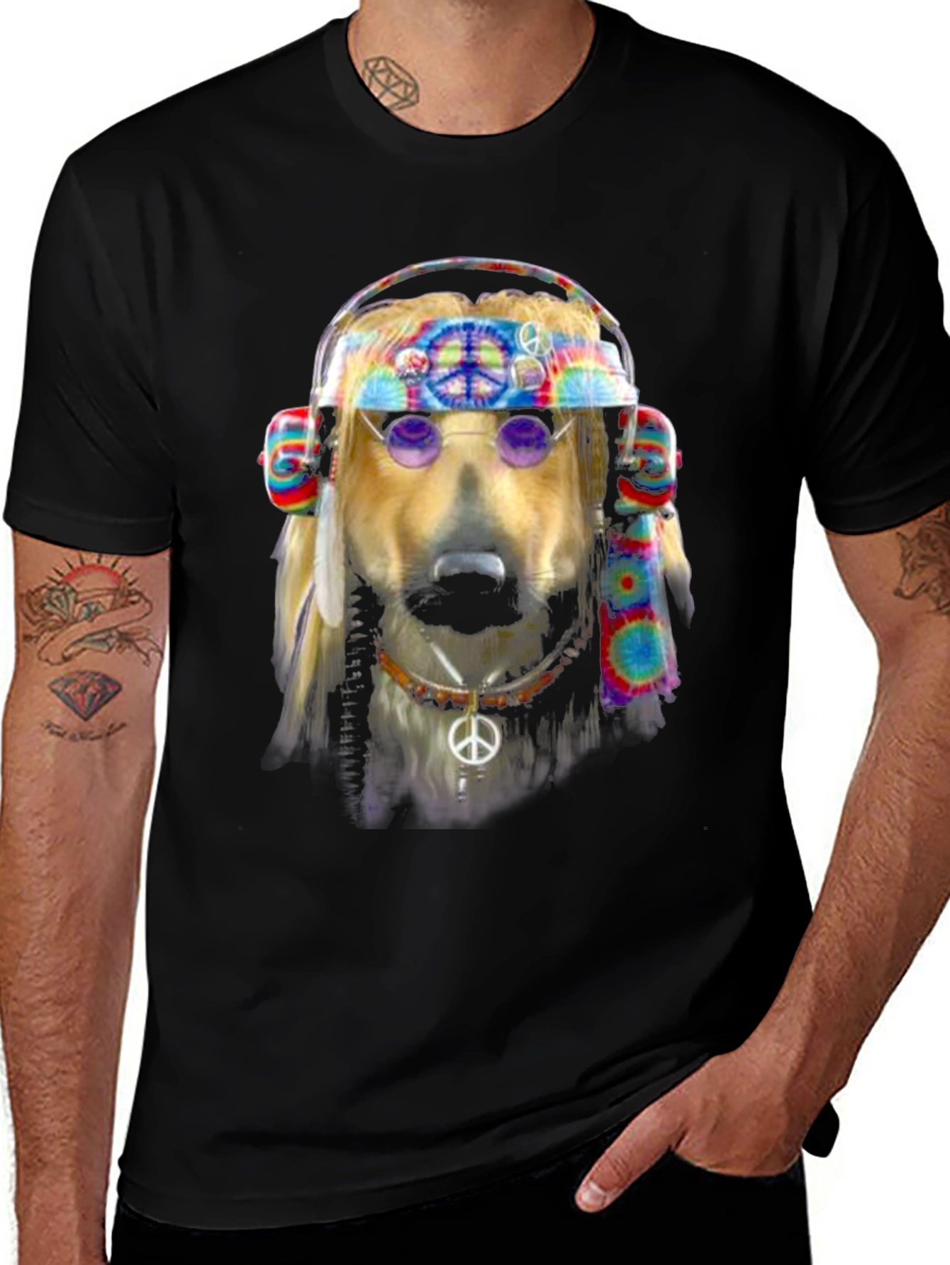 Black Hippie Dog Graphic T-Shirt - Peace & Love main image