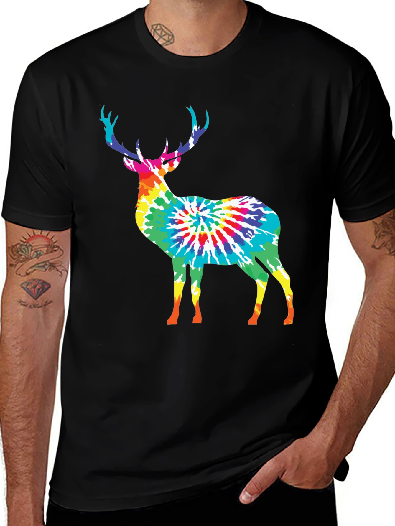Variant 20 of Tie Dye Deer Graphic Tee - Black Casual T-Shirt