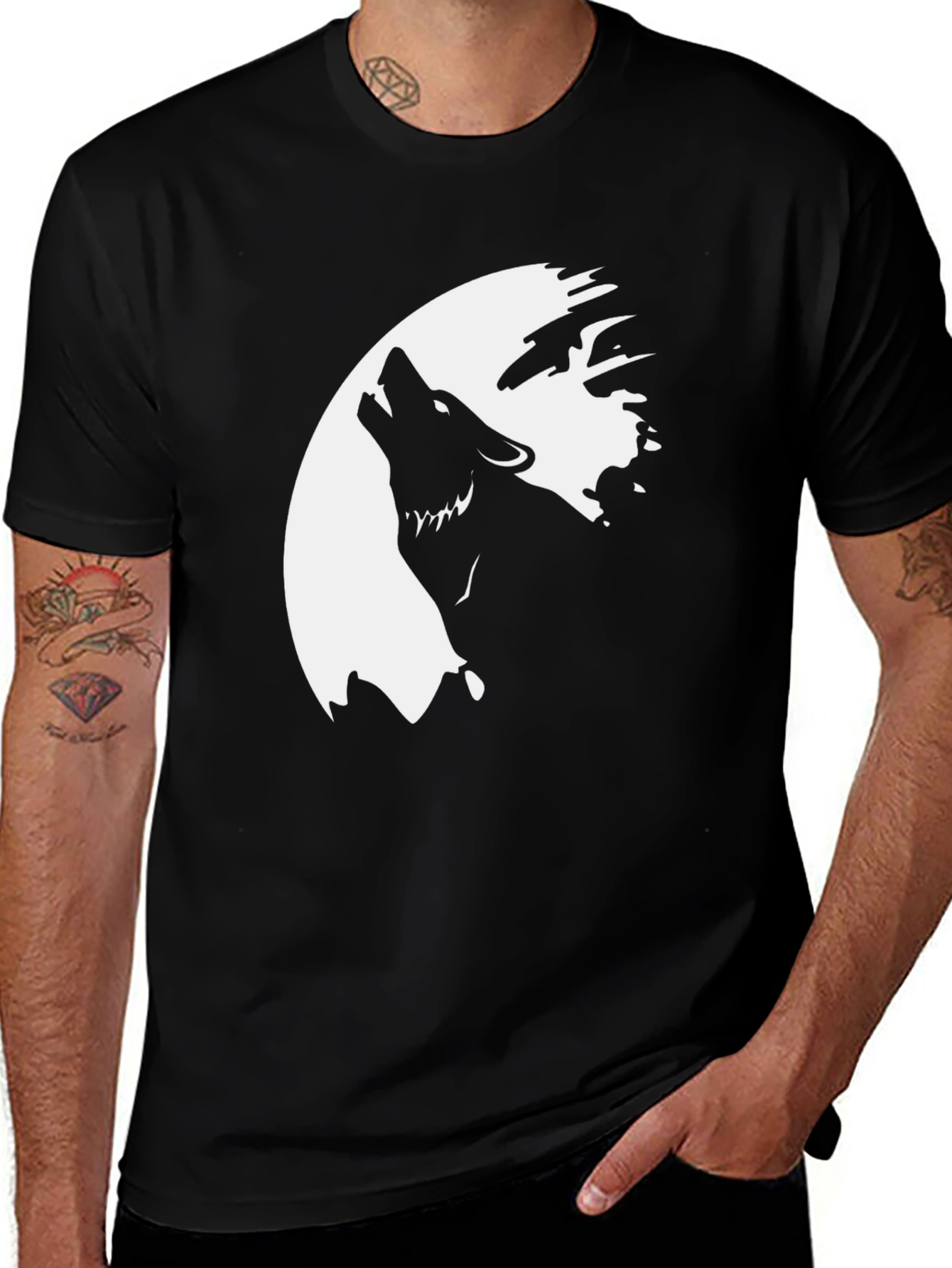 Variant 6 of Wolf Howling at the Moon Graphic Tee - Black