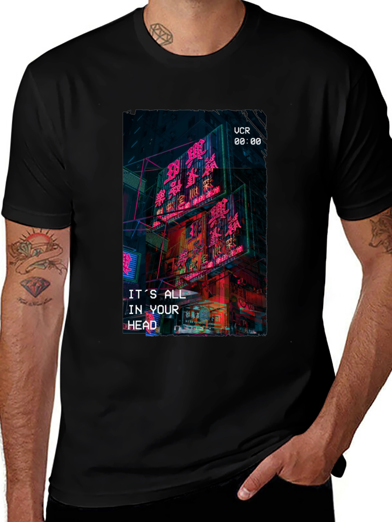 Variant 10 of Cyberpunk Cityscape Graphic Tee - "It's All In Your Head"