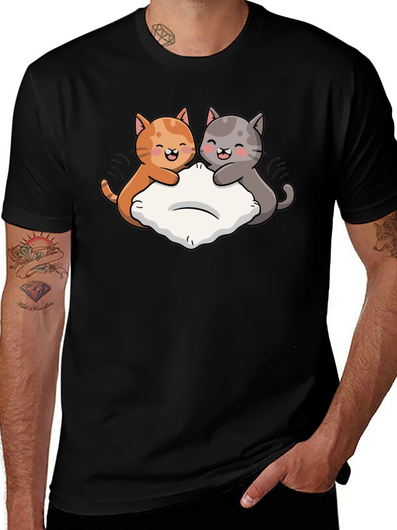 Variant 9 of Cute Cats Pillow Fight Graphic Black T-Shirt