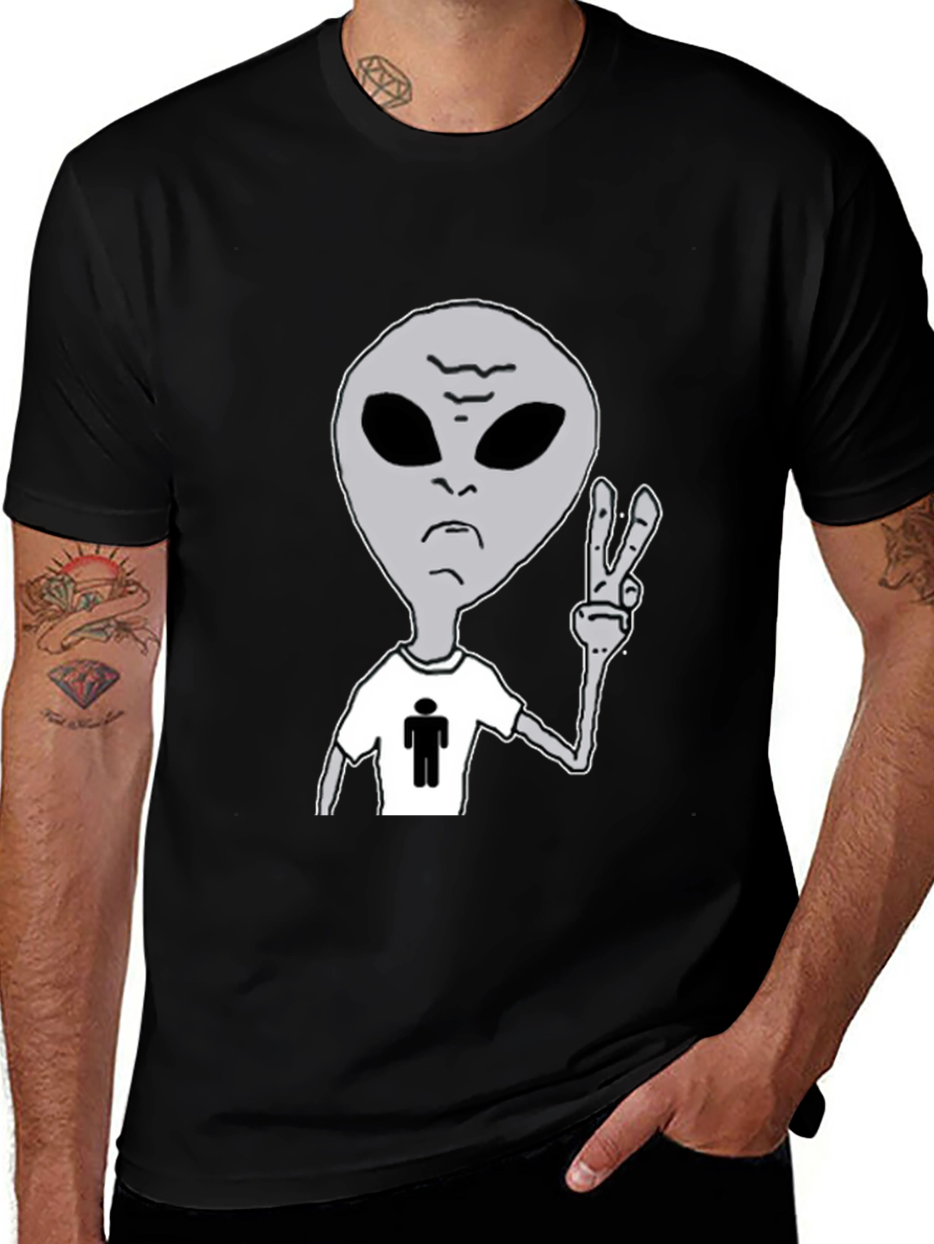 Variant 2 of Alien Peace Sign Graphic T-Shirt - Black
