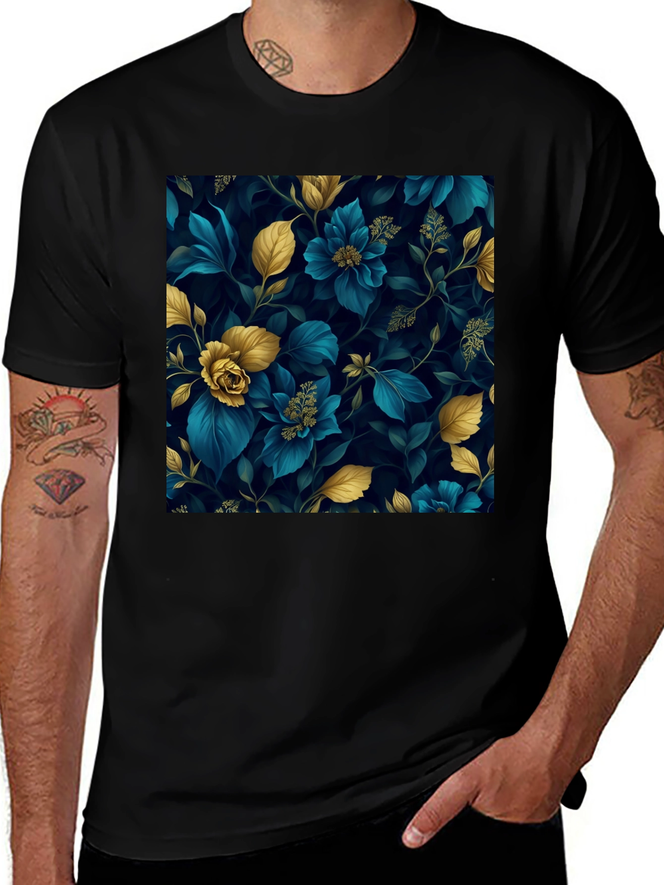 Variant 17 of Floral Print Black Tee - Botanical Elegance