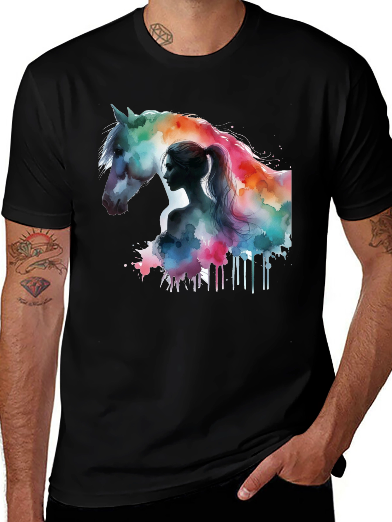 Watercolor Horse and Woman Graphic Tee - Black