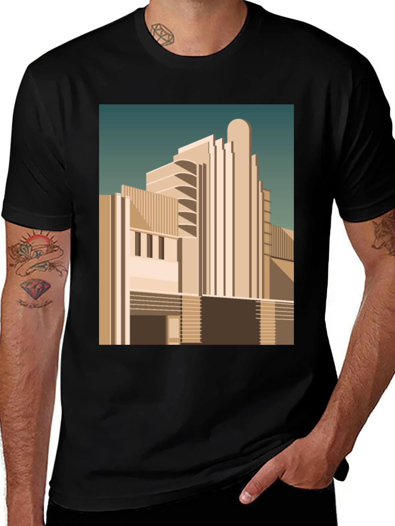 Variant 10 of Art Deco Building Graphic Print Black T-Shirt