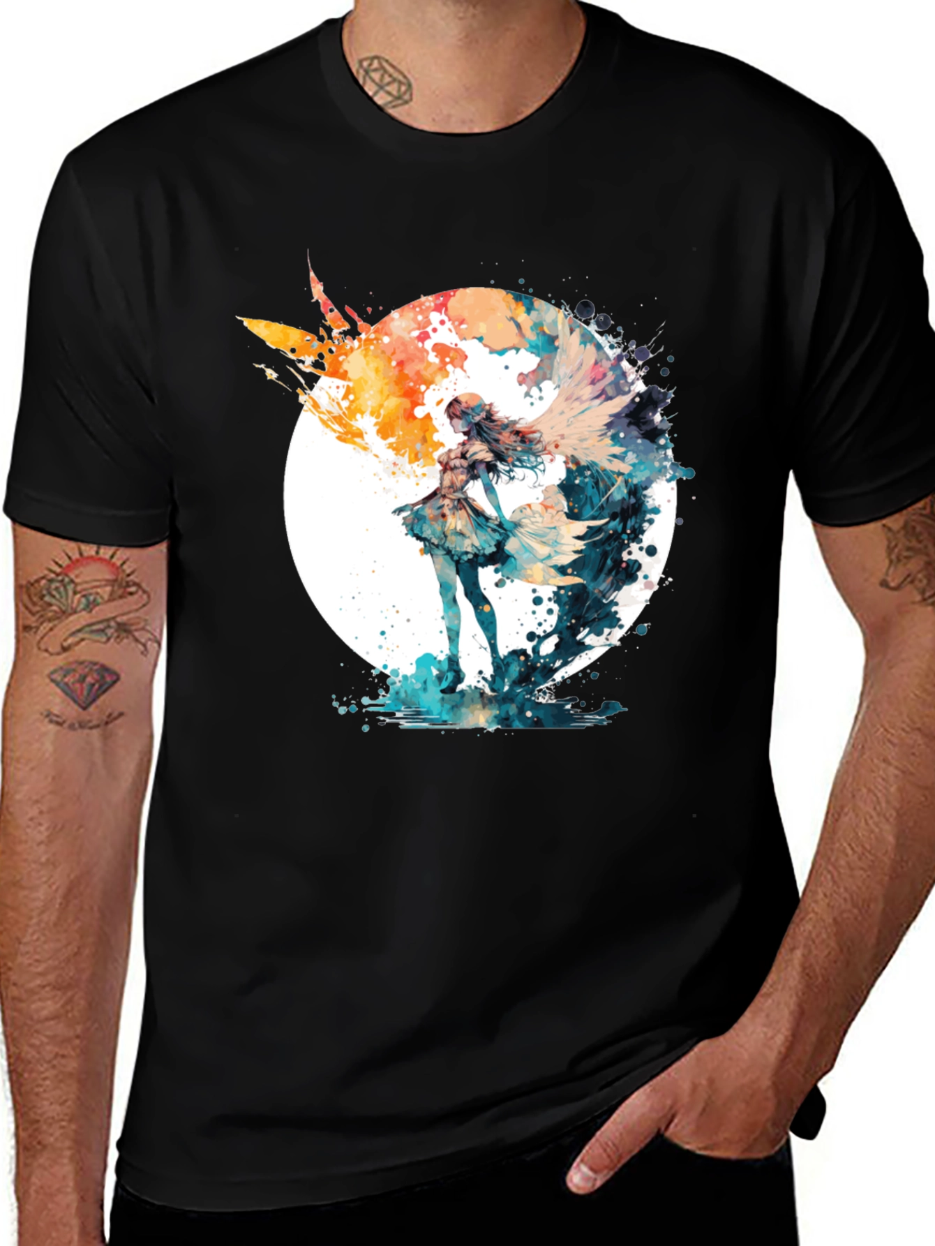 Variant 17 of Watercolor Angel Wings Graphic Black Tee