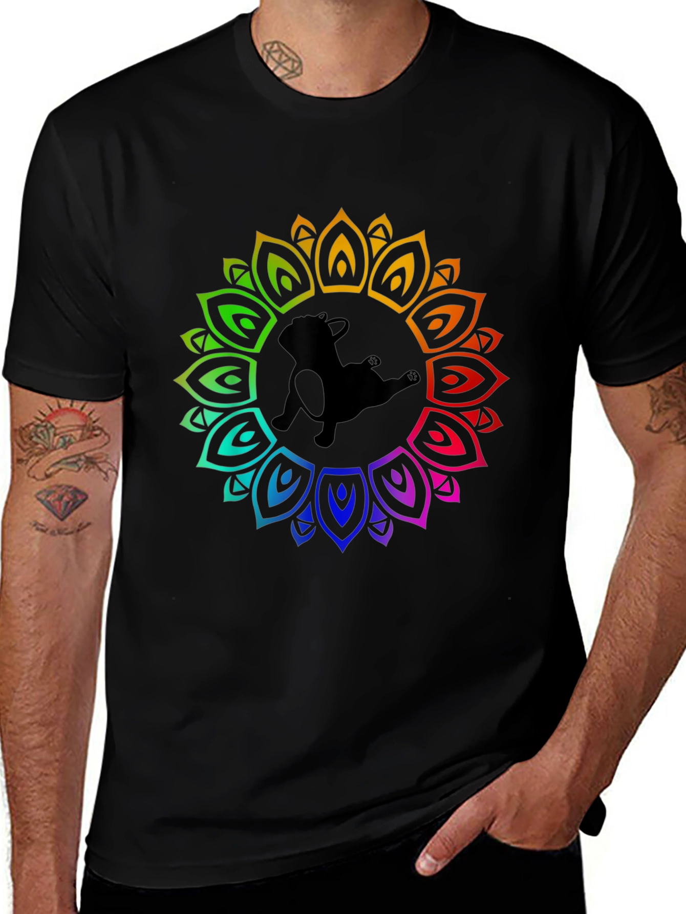 Variant 22 of Rainbow Mandala Dog Graphic Black T-Shirt