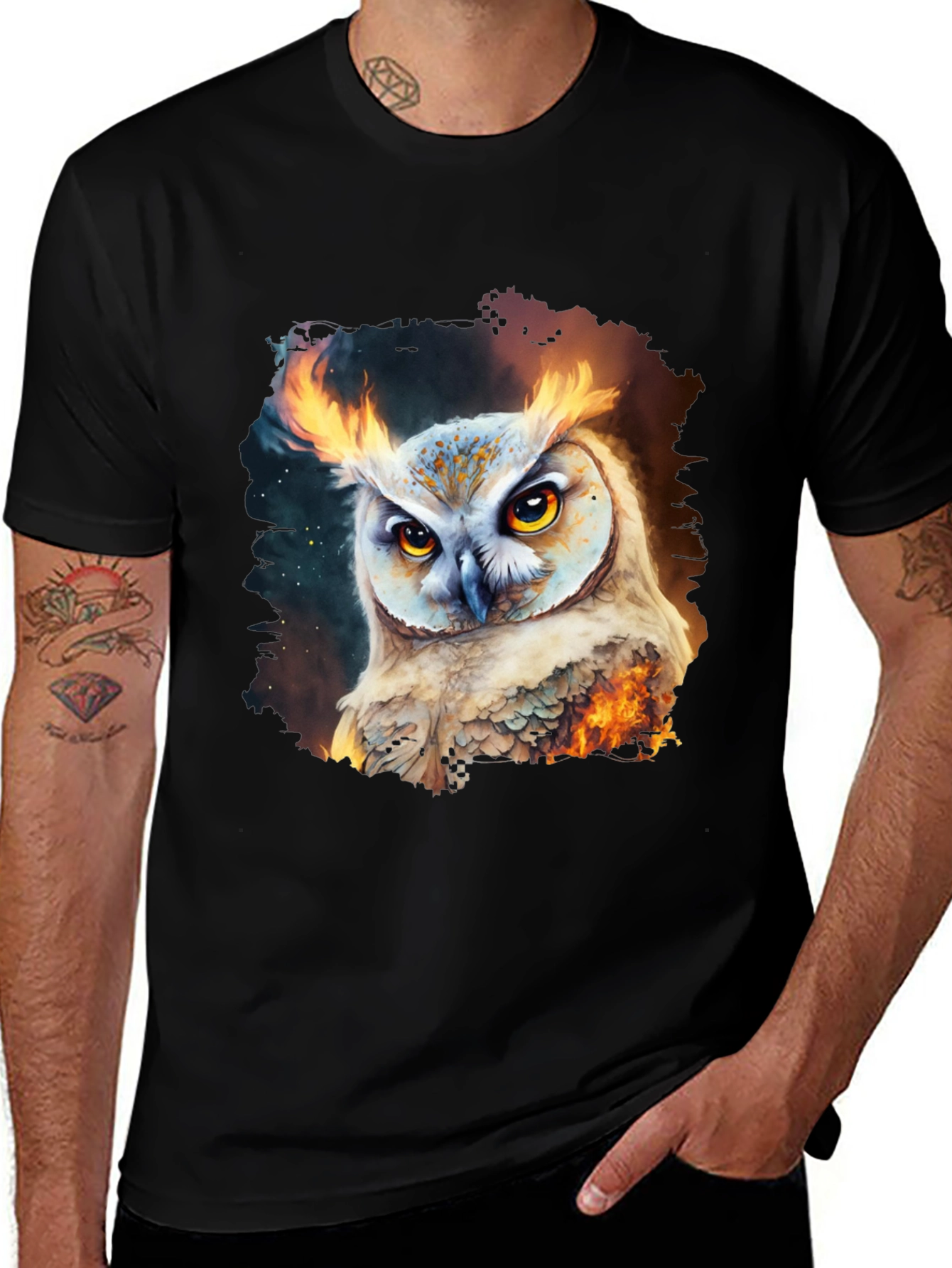 Variant 10 of Fiery Owl Graphic Tee - Men's Black T-Shirt