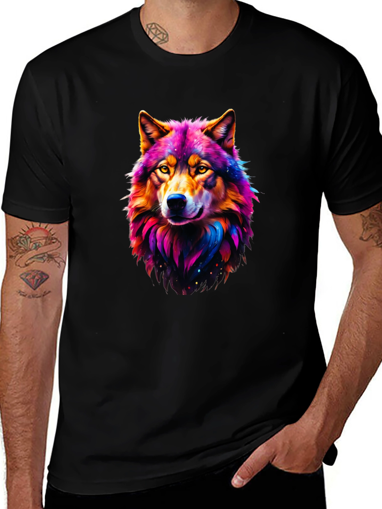 Variant 11 of Vibrant Wolf Graphic Tee - Stylish Men's Black T-Shirt
