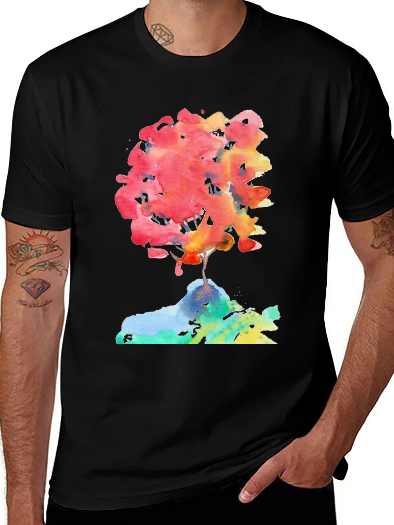 Variant 22 of Watercolor Tree Graphic Tee - Stylish Men's Black T-Shirt