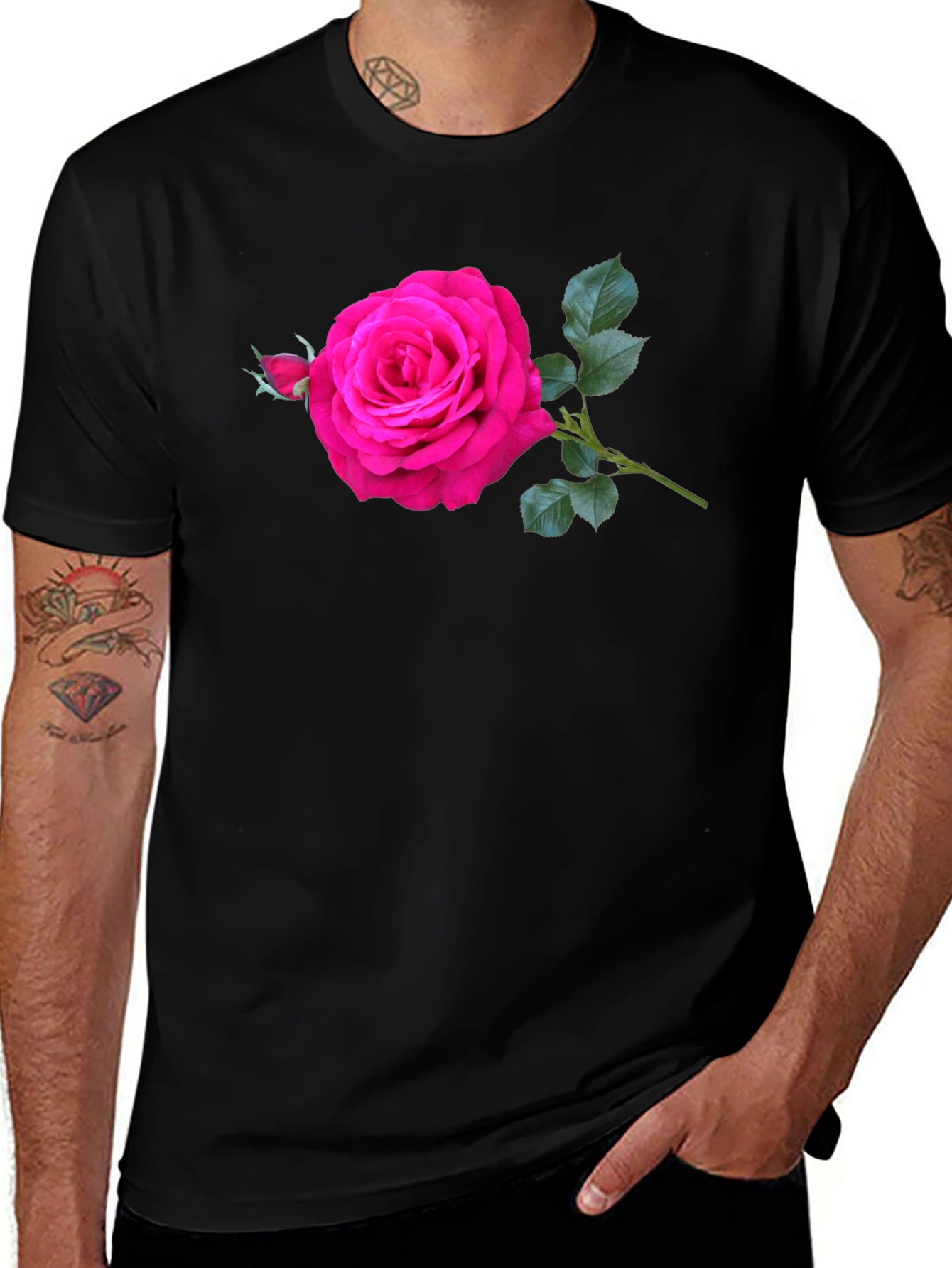 Variant 11 of Men's Black T-Shirt with Pink Rose Graphic