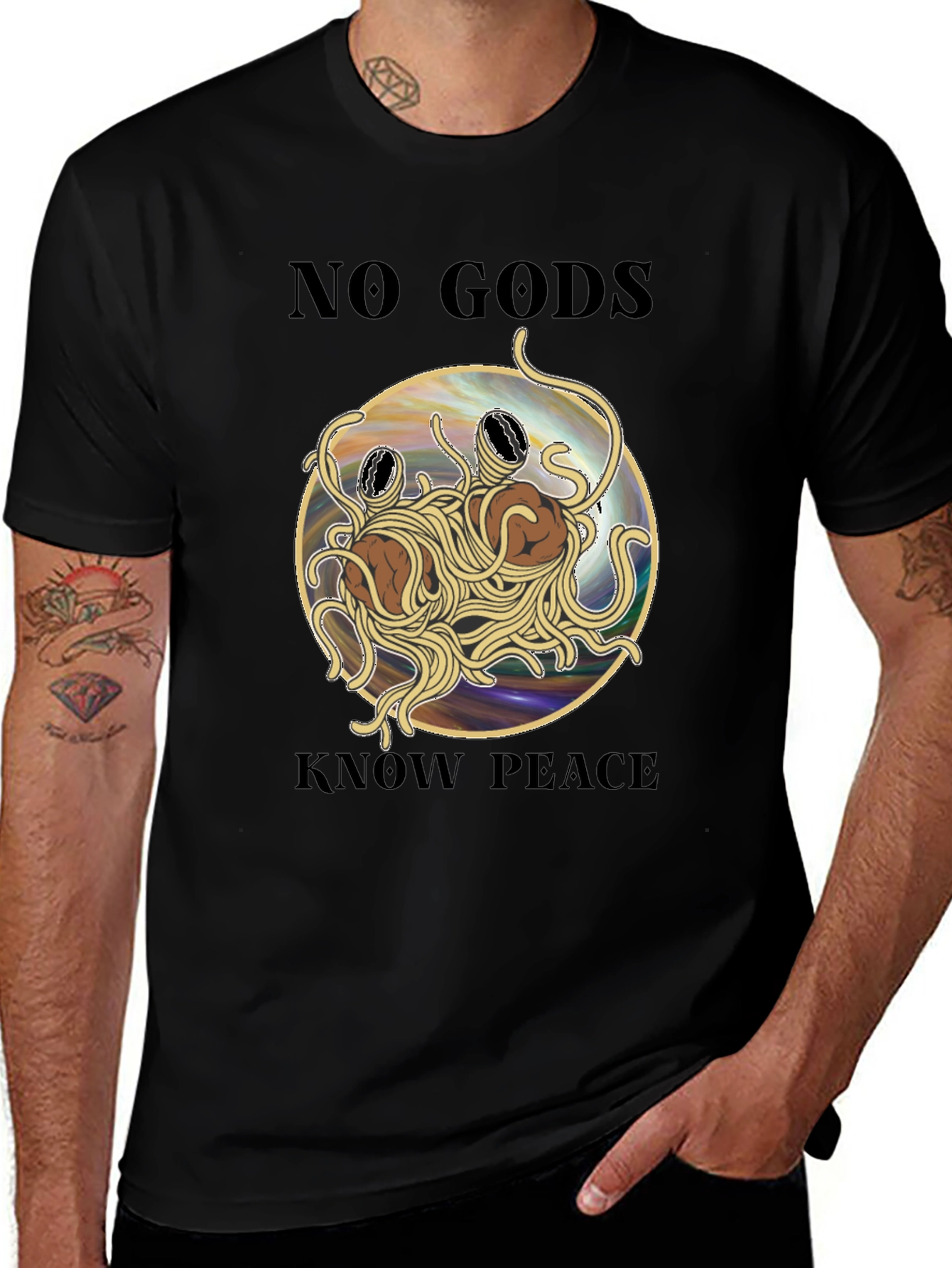 Variant 28 of No Gods Know Peace Black T-Shirt Flying Spaghetti Monster