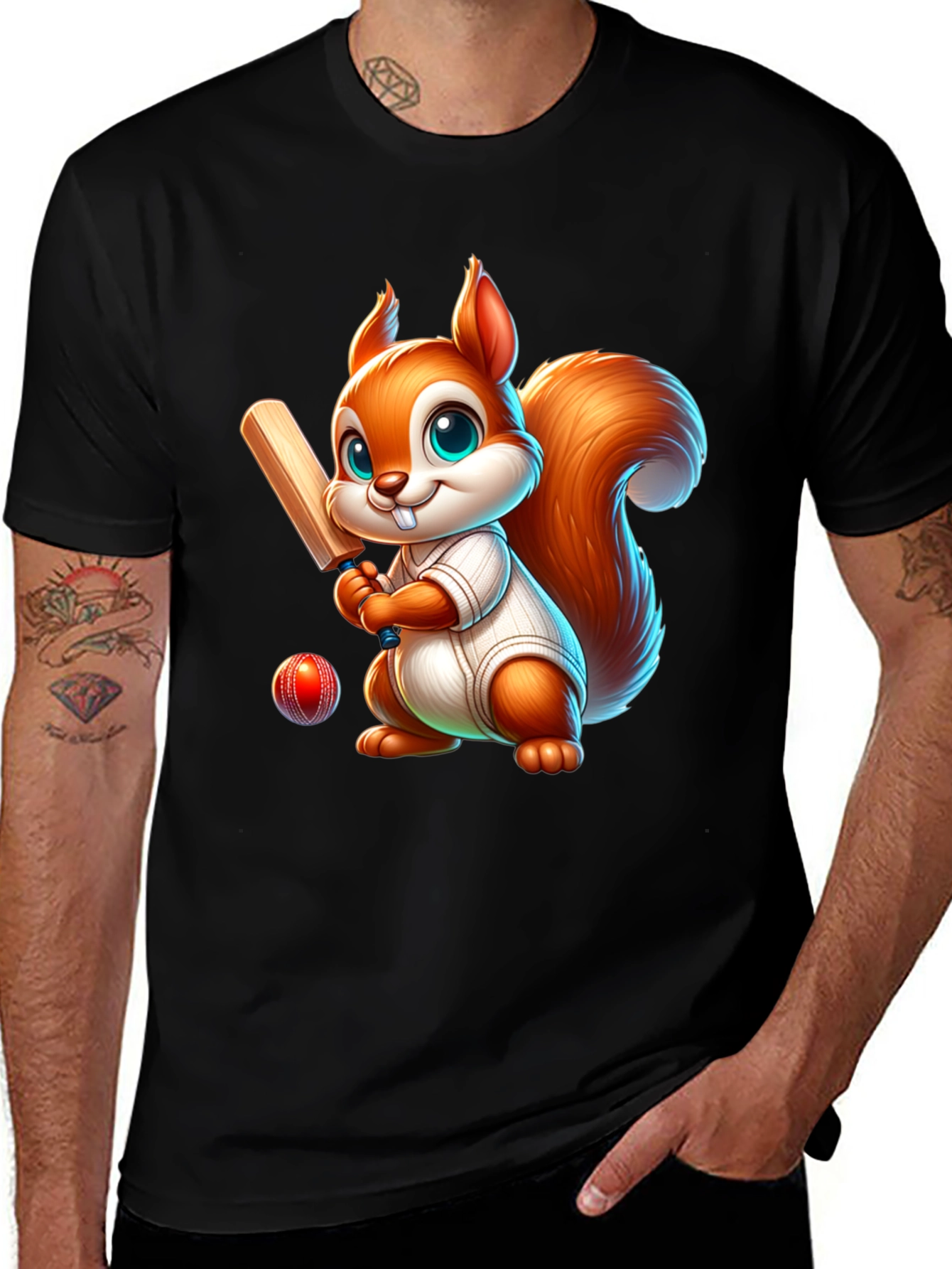 Variant 17 of Cartoon Squirrel Playing Cricket T-Shirt