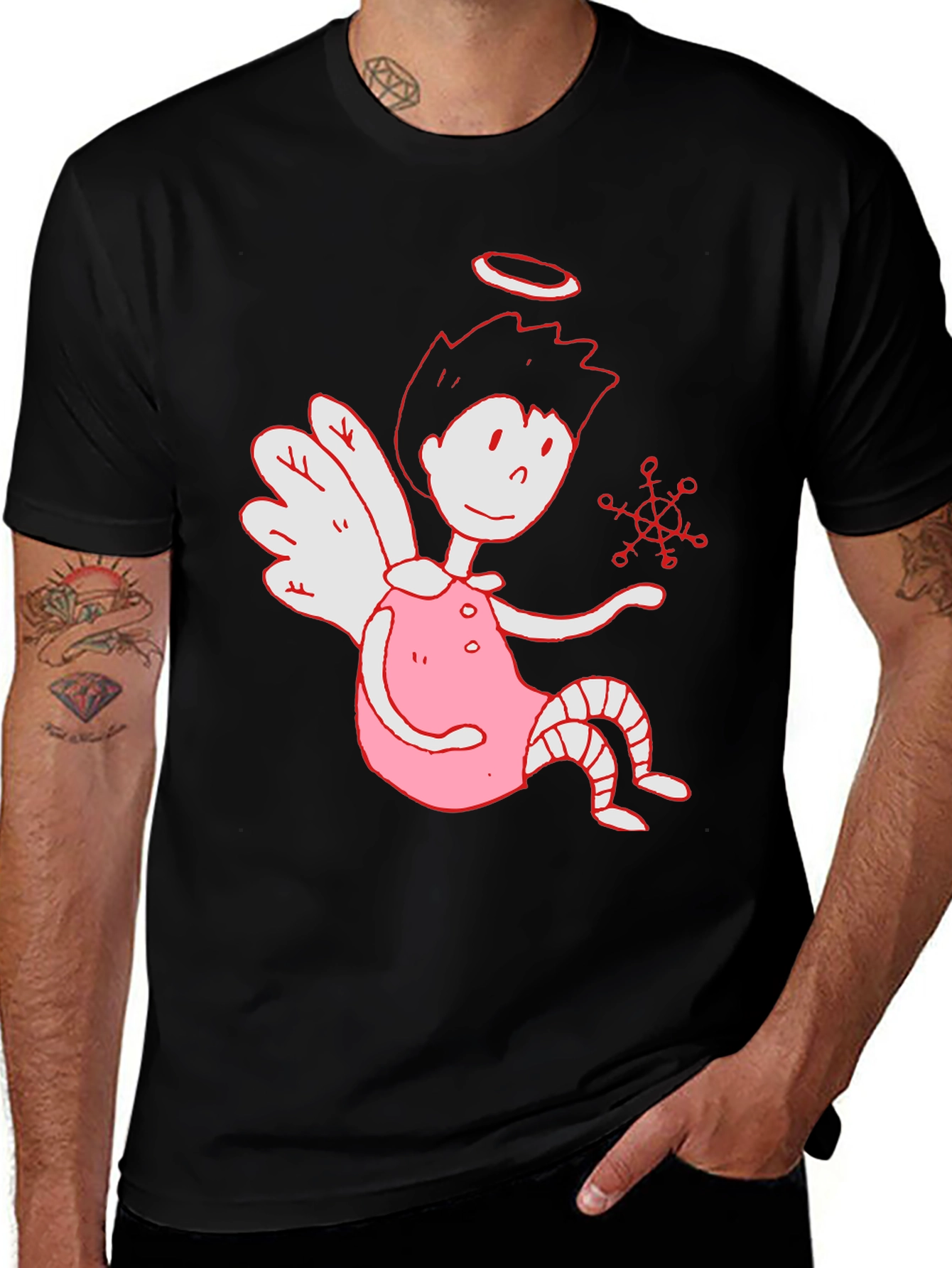 Variant 4 of Angel Snowflake Graphic Tee - Black Cotton Casual Wear