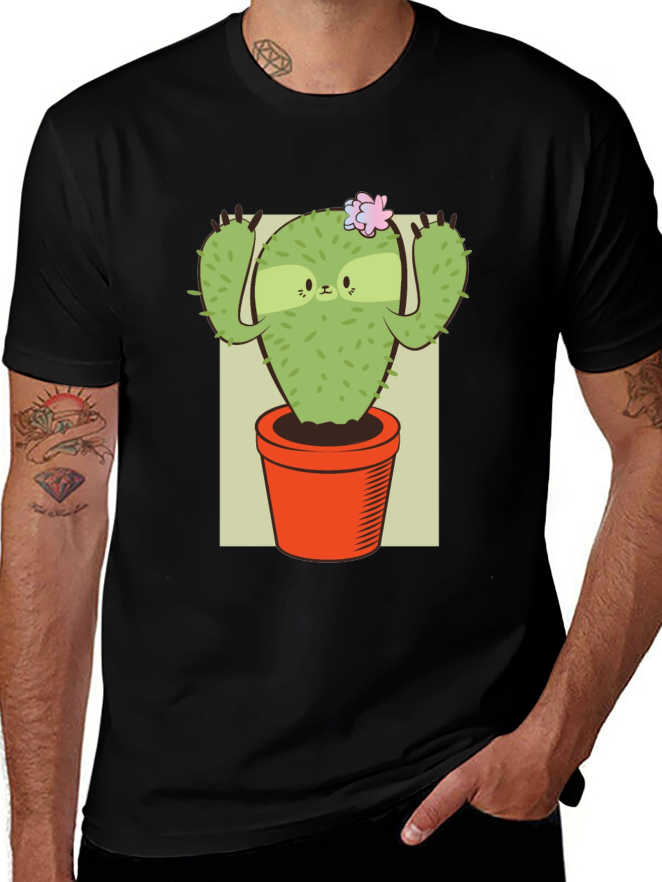 Variant 18 of Sloth Cactus Graphic Tee - Black Cotton T-Shirt