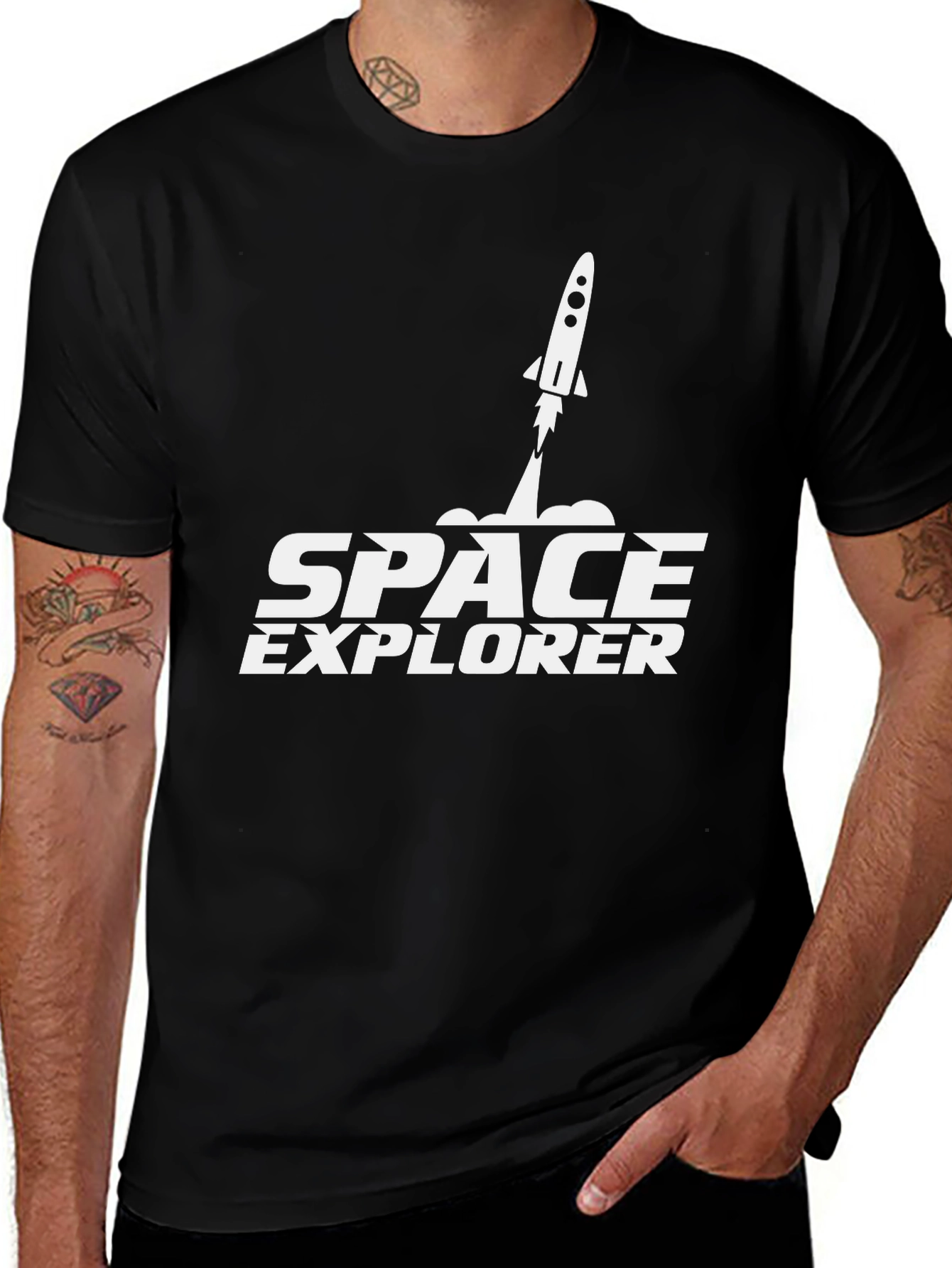 Black Space Explorer Black T-Shirt Rocket Design main image
