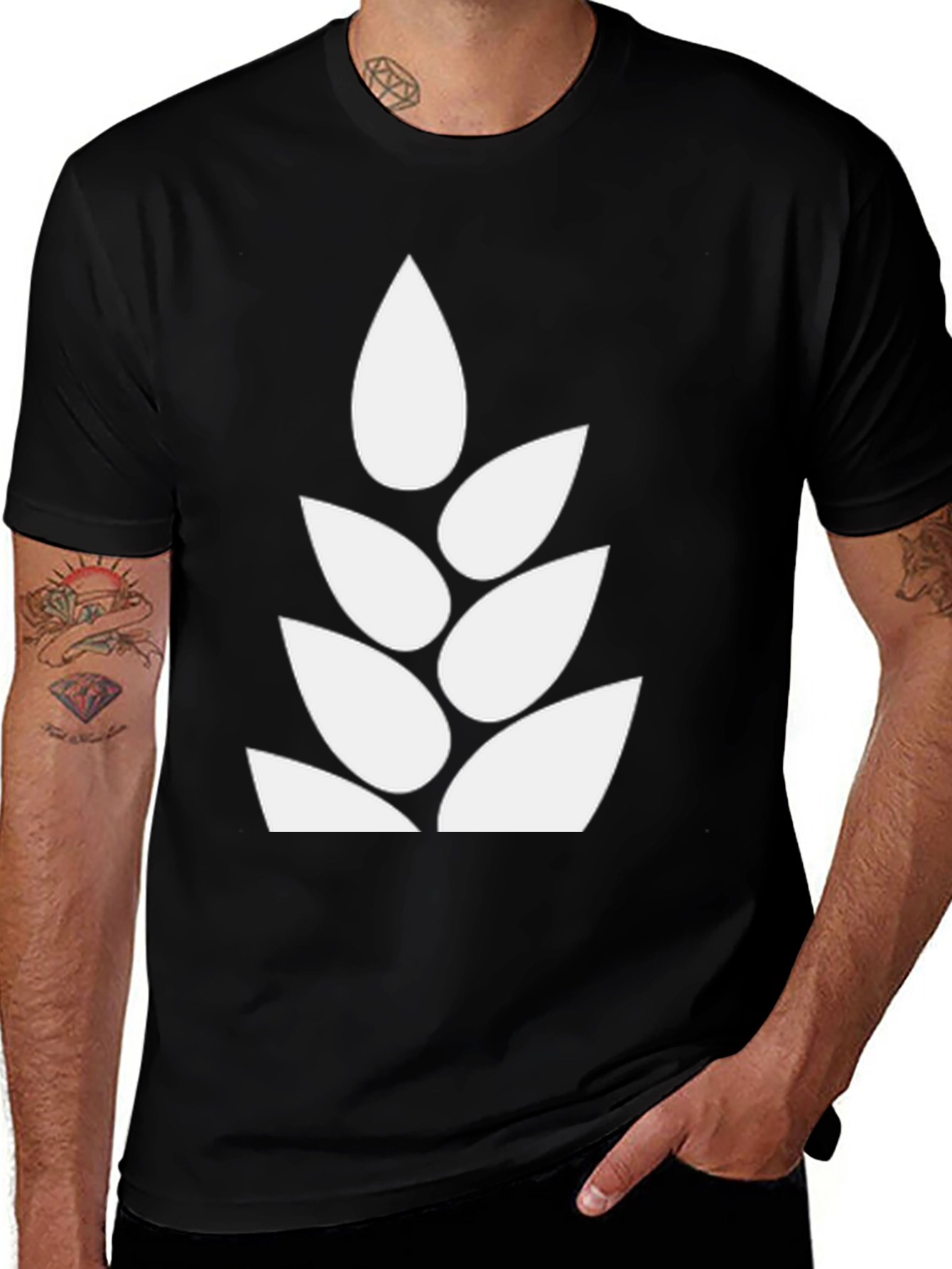 Black T-Shirt with White Abstract Leaf Design