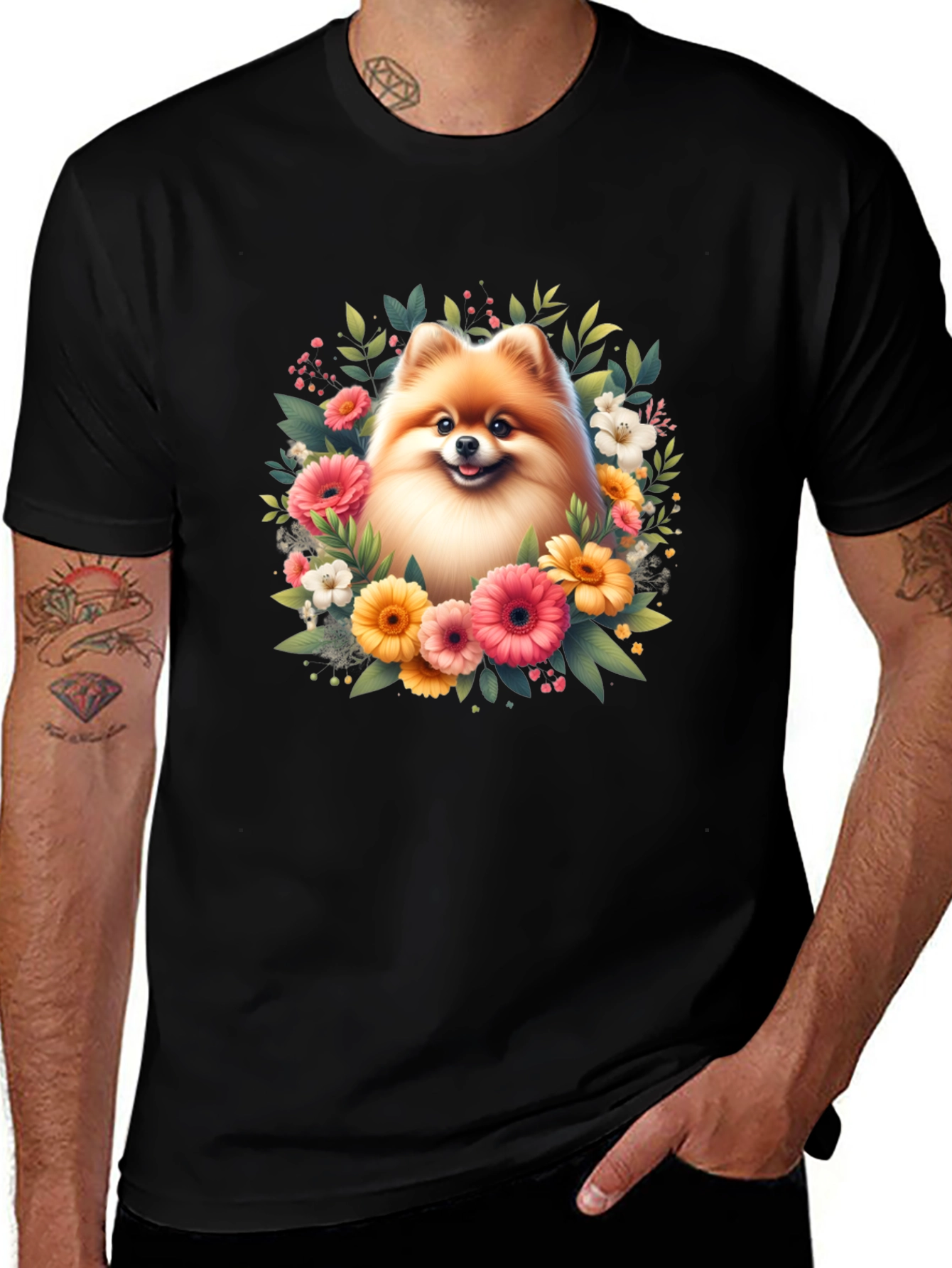 Variant 26 of Dog and Floral Graphic Black T-Shirt