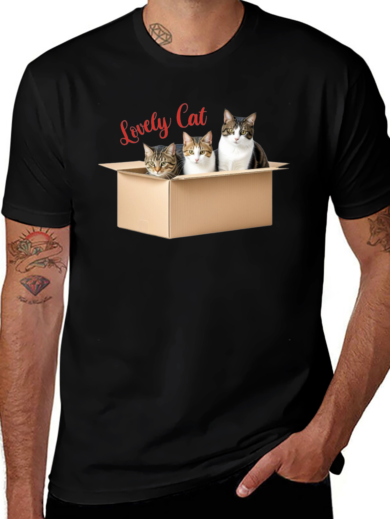 Variant 11 of Lovely Cat T-Shirt - Men's Black Crew Neck Tee