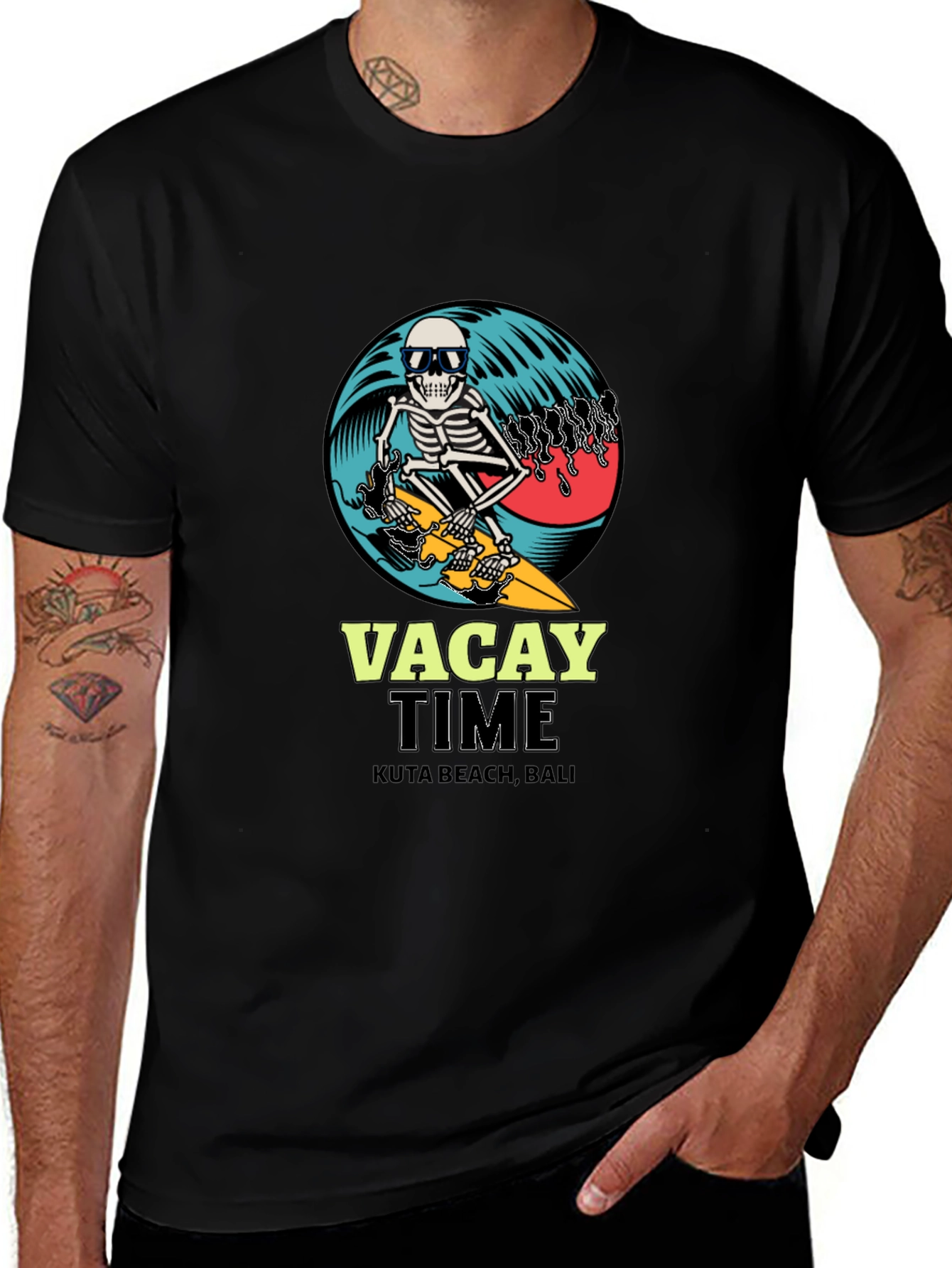 Variant 2 of Vacay Time Skeleton Surfer Black T-Shirt