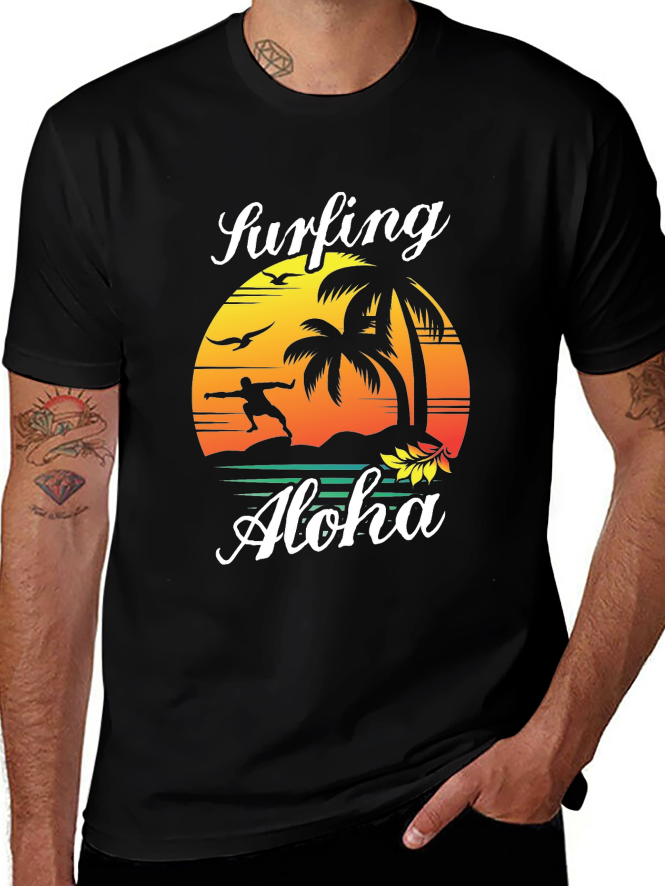 Variant 3 of Surfing Aloha Men's Black Graphic Tee Shirt