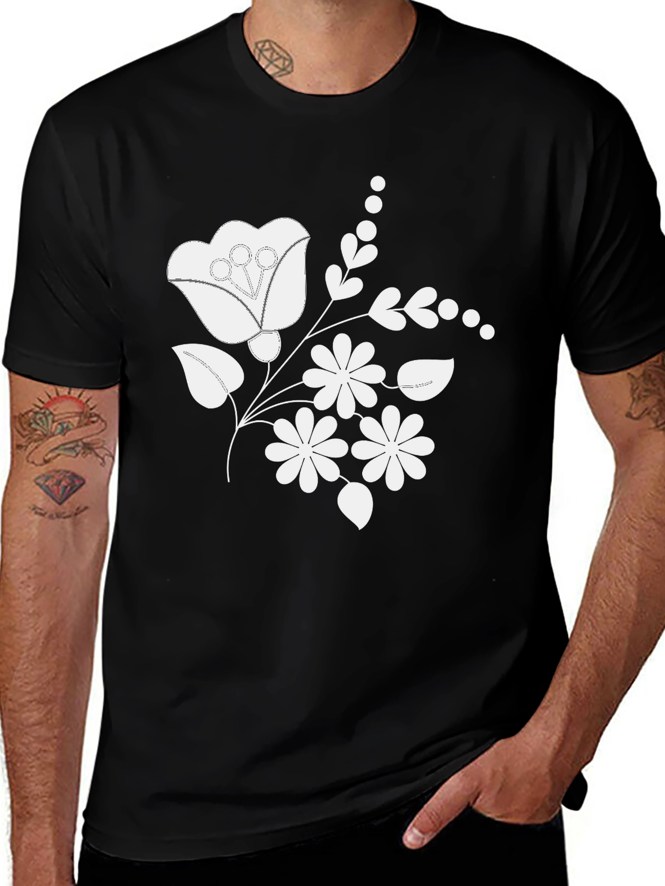 Variant 22 of Floral Embroidered Men's T-Shirt - Classic Black Tee
