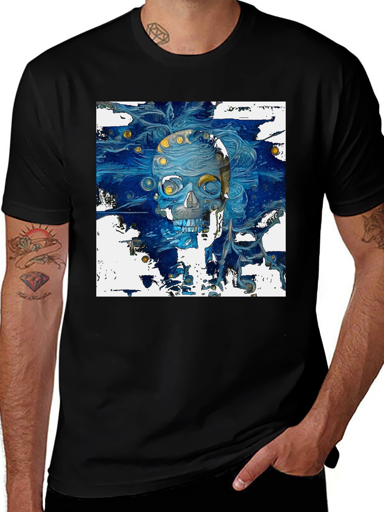 Variant 6 of Artistic Skull Graphic T-Shirt - Dark Blue Print