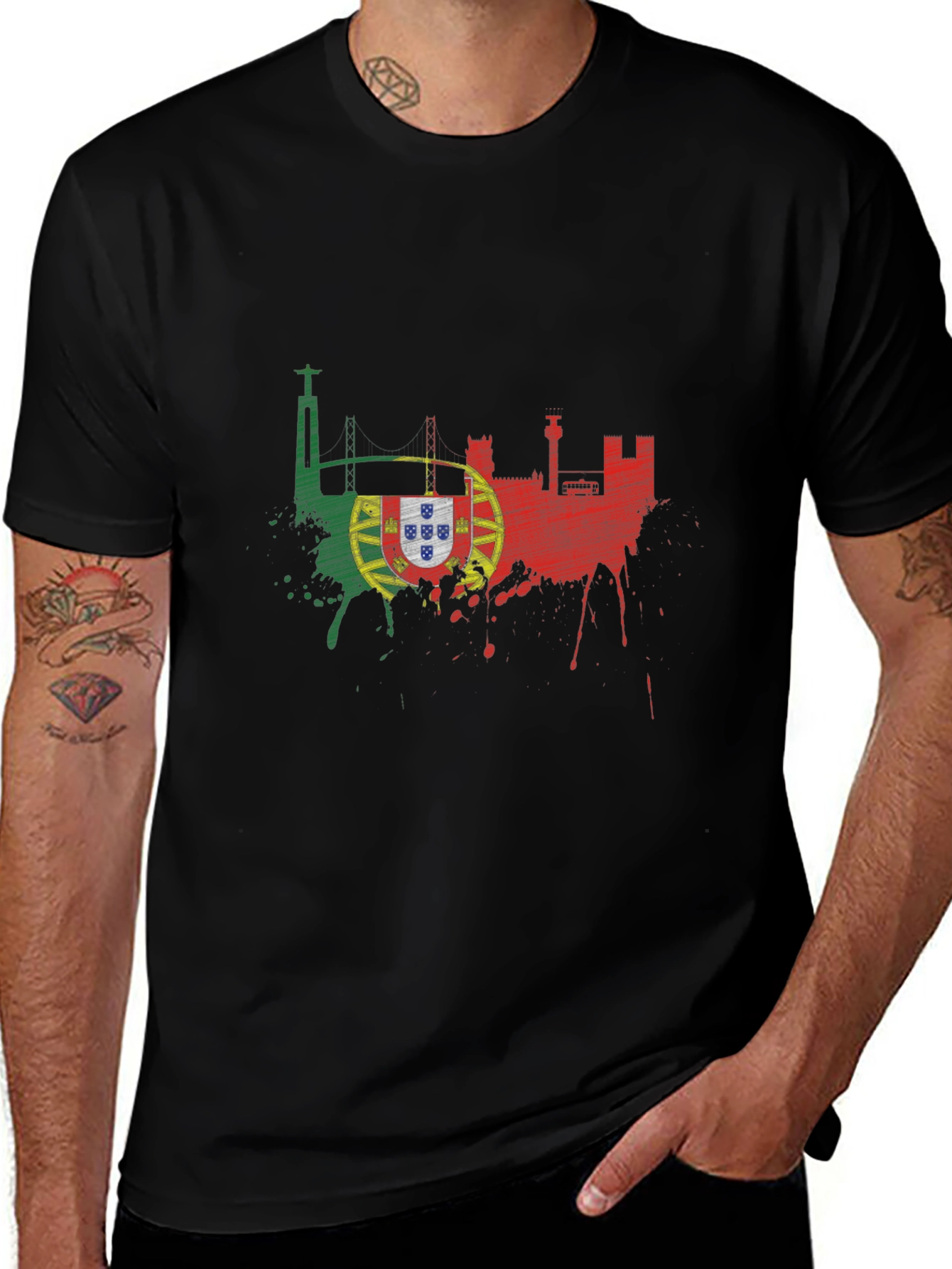 Portugal Flag Splatter Print Black T-Shirt