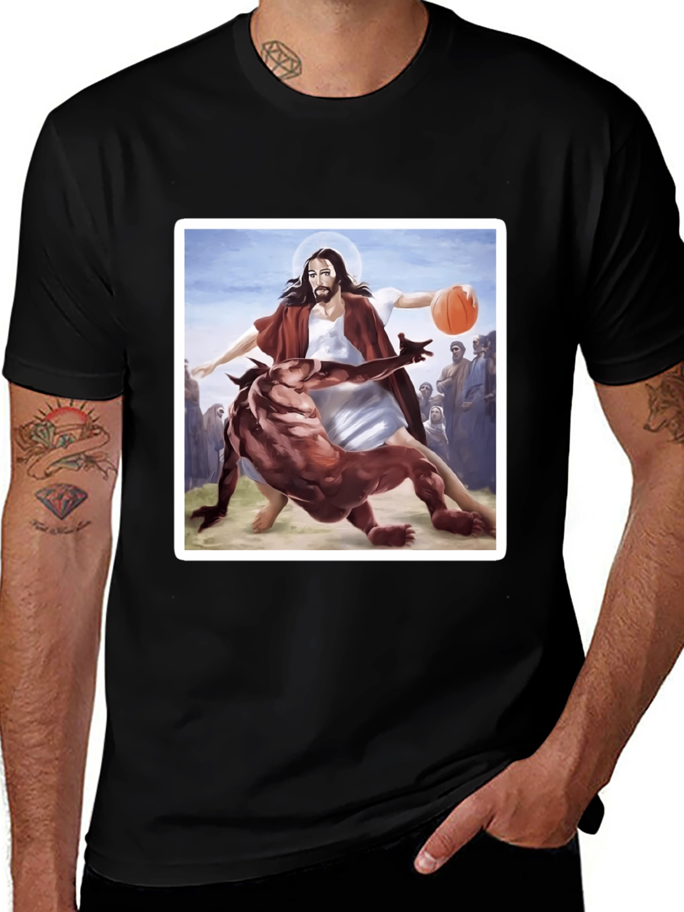 Variant 9 of Jesus Basketball Graphic Tee - Black Cotton Blend
