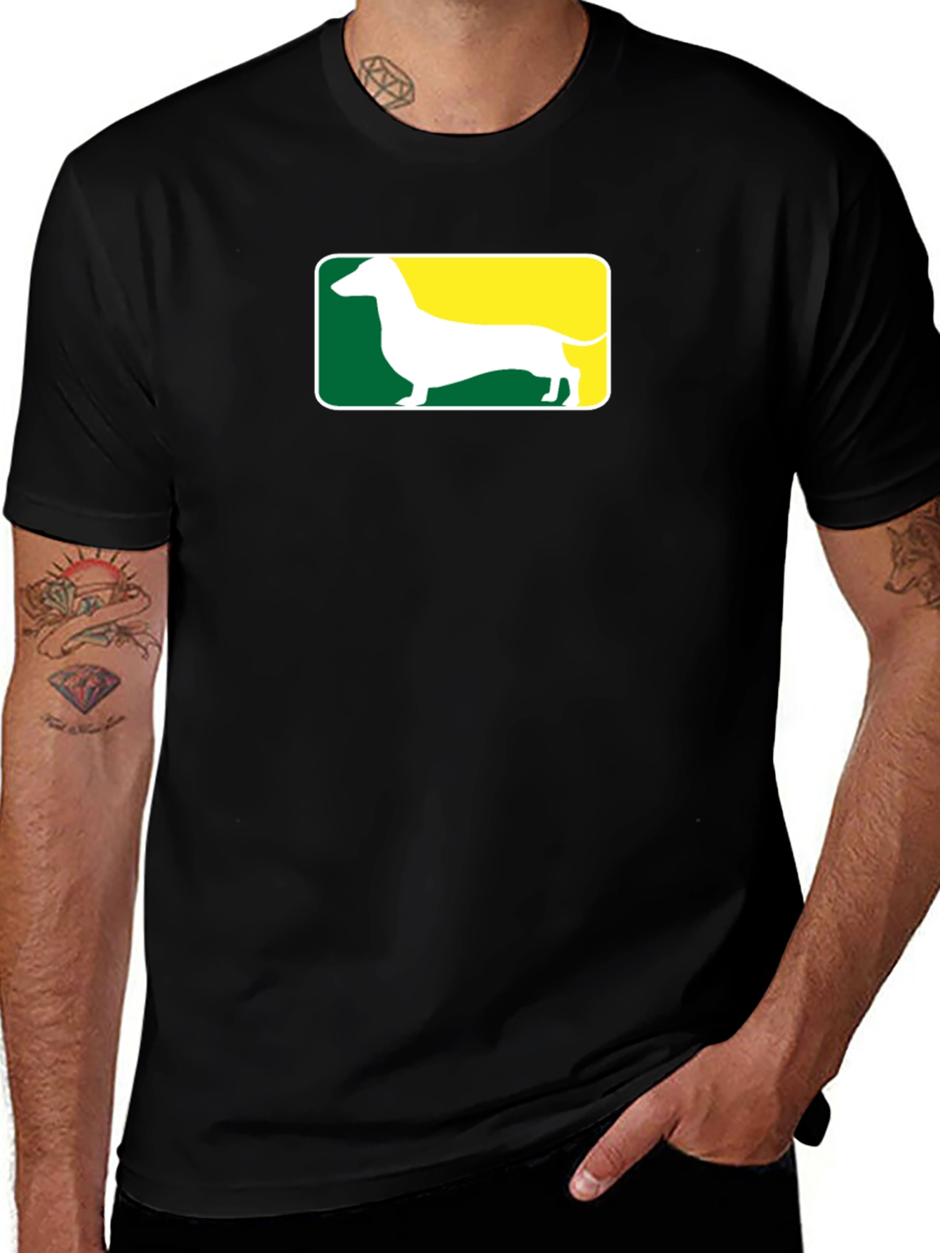 Variant 11 of Dachshund T-Shirt: Green & Yellow Design