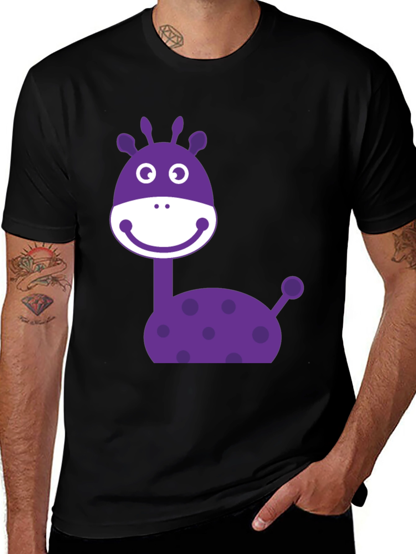 Variant 21 of Cartoon Giraffe Graphic Tee - Black Cotton Casual Shirt