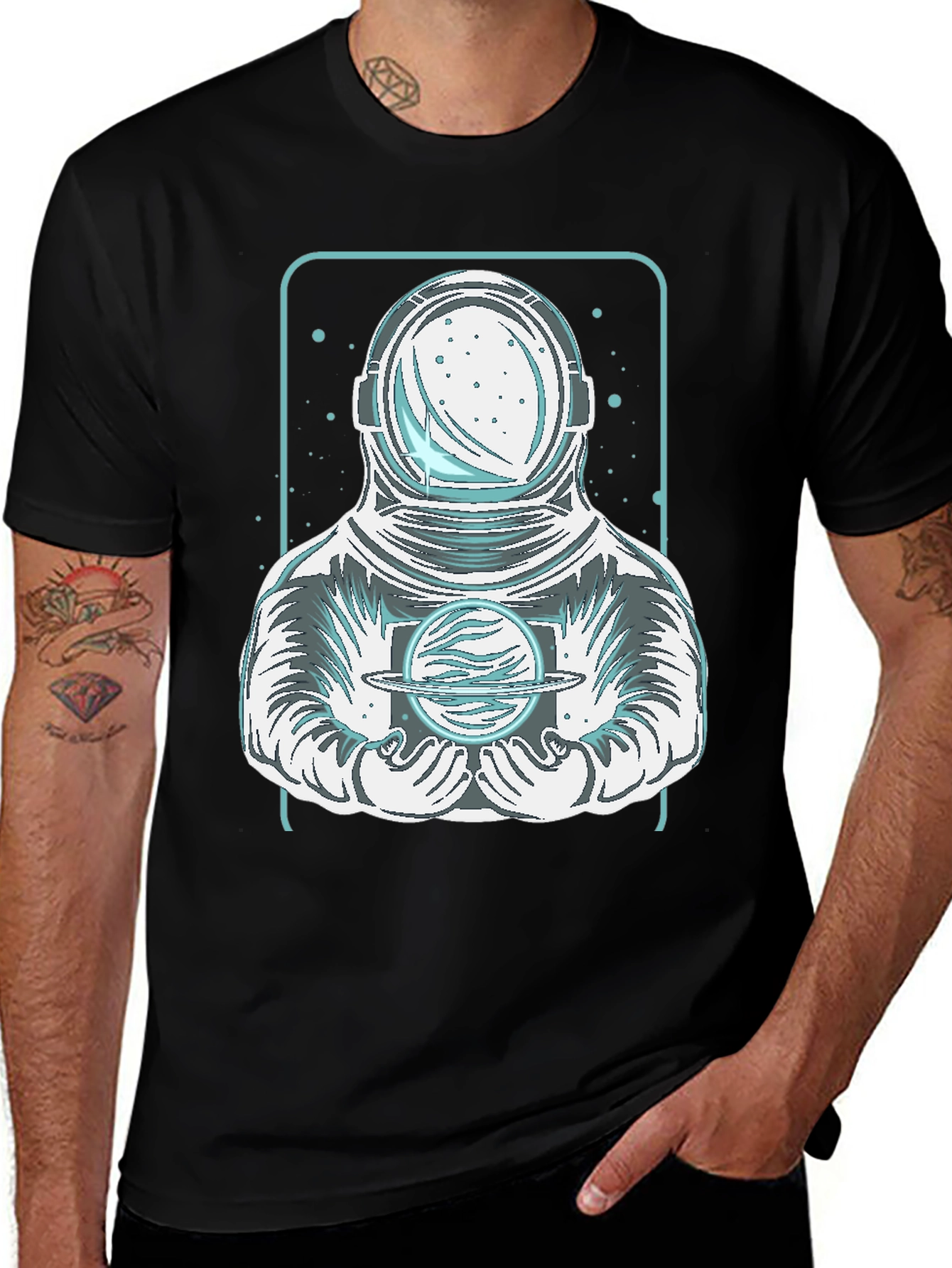 Astronaut Holding Planet Graphic Tee - Black