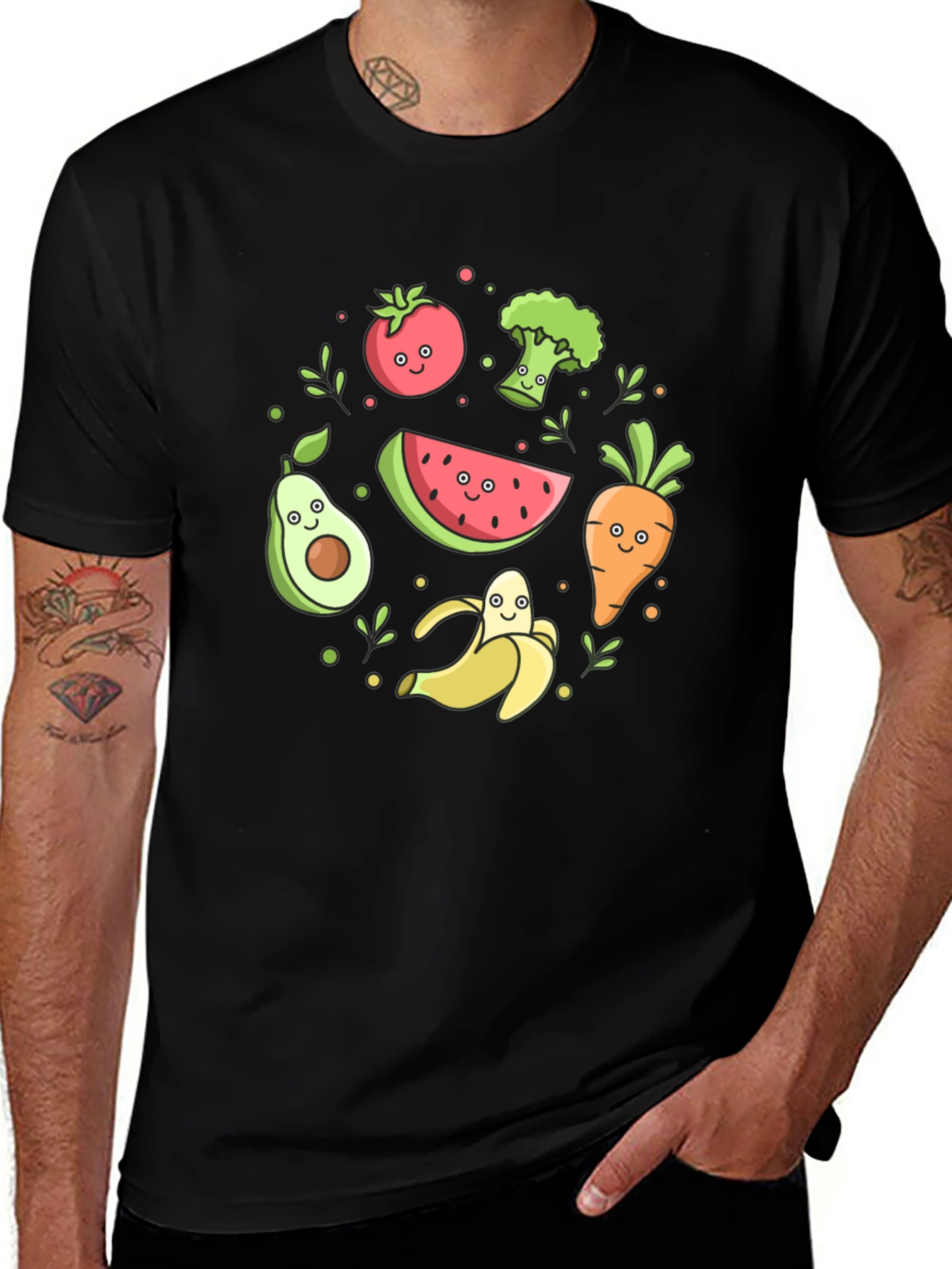 Cute Cartoon Fruits and Veggies Graphic Tee