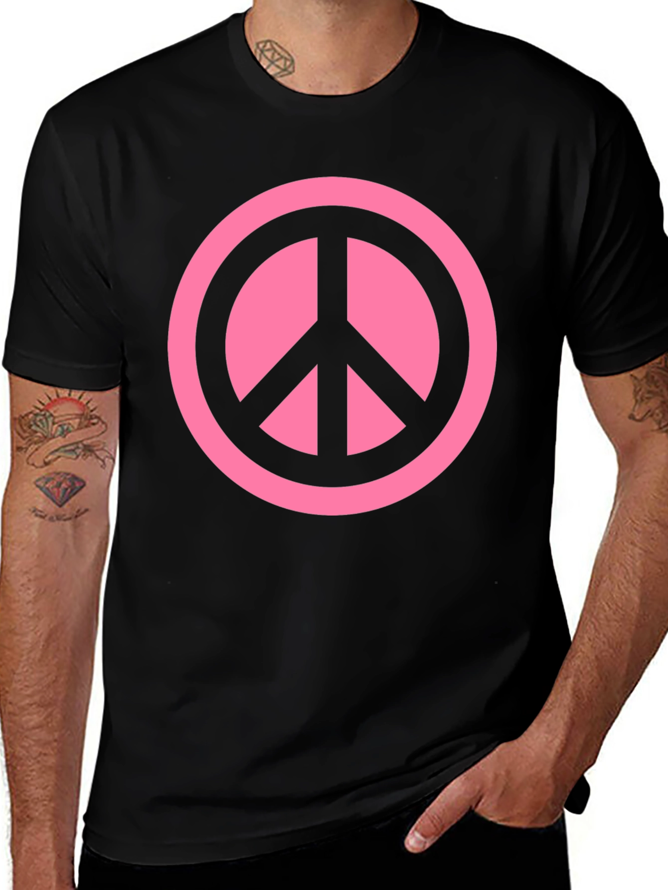 Variant 4 of Pink Peace Sign Graphic Black T-Shirt