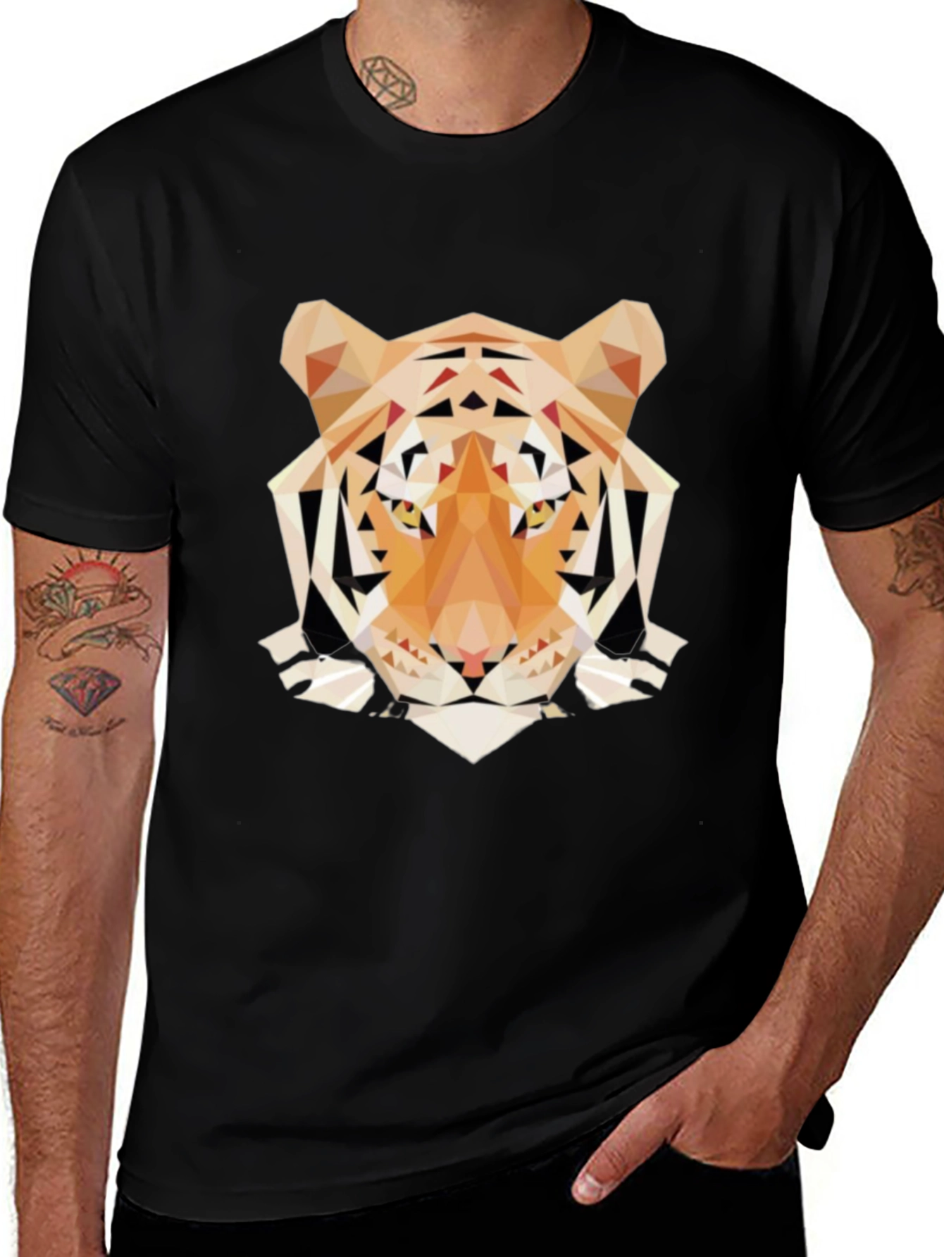 Variant 5 of Geometric Tiger Graphic Tee - Trendy Men's Black T-Shirt