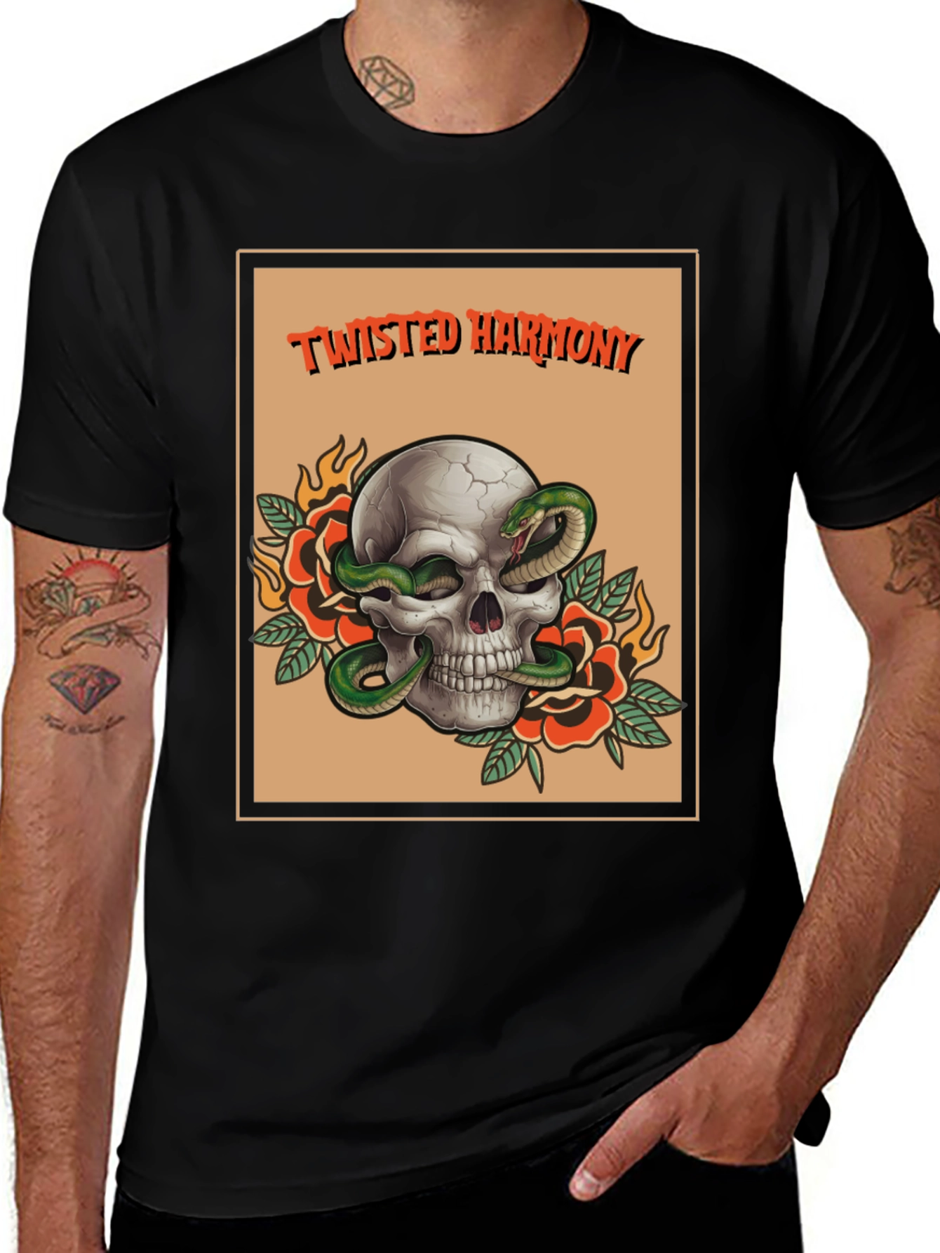 Variant 16 of Twisted Harmony Graphic Tee - Skull & Snake Design