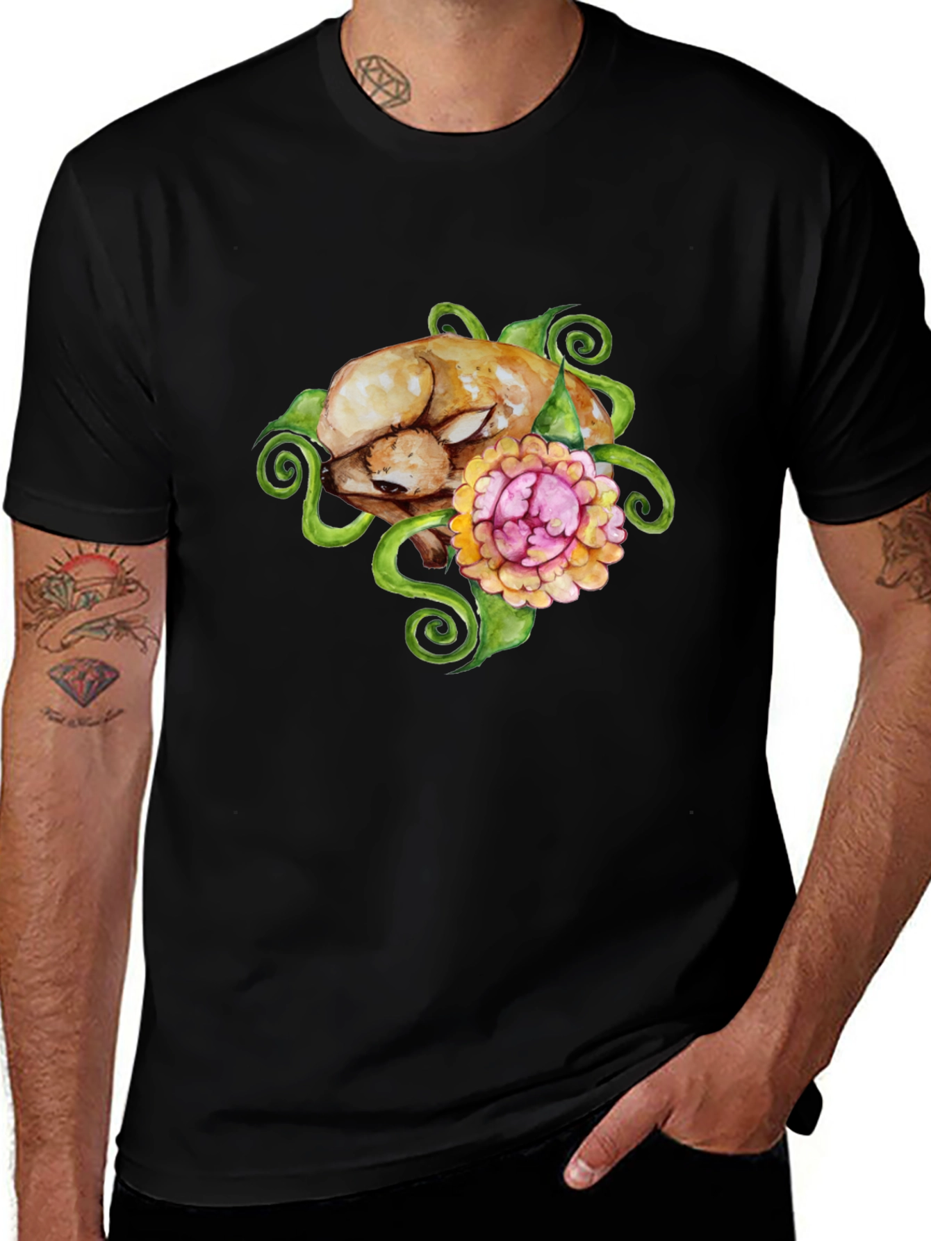 Variant 19 of Floral Puppy T-Shirt - Black Cotton Blend