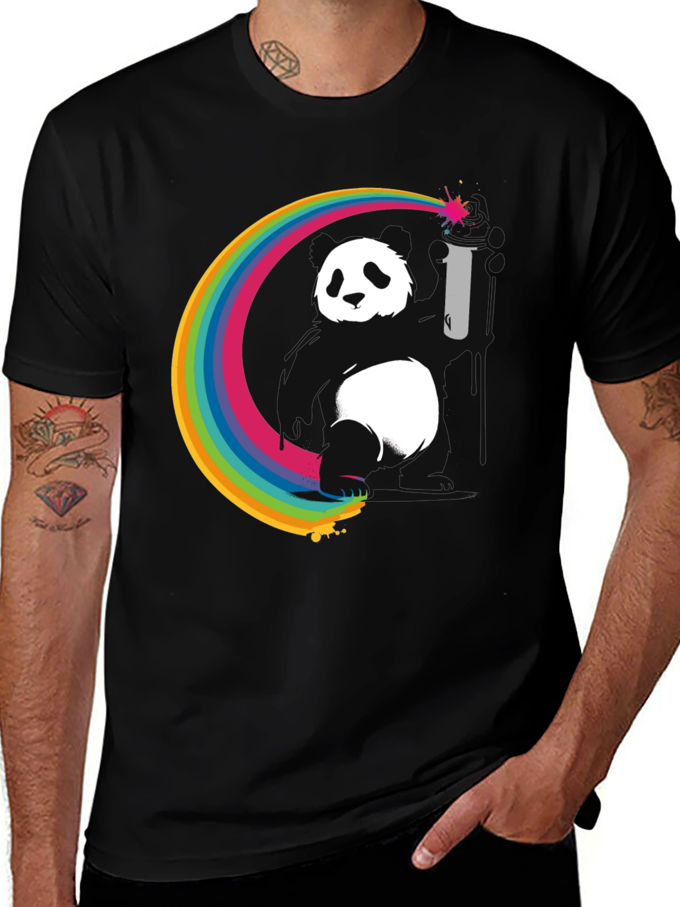 Rainbow Panda Graphic Tee - Men's Black T-Shirt