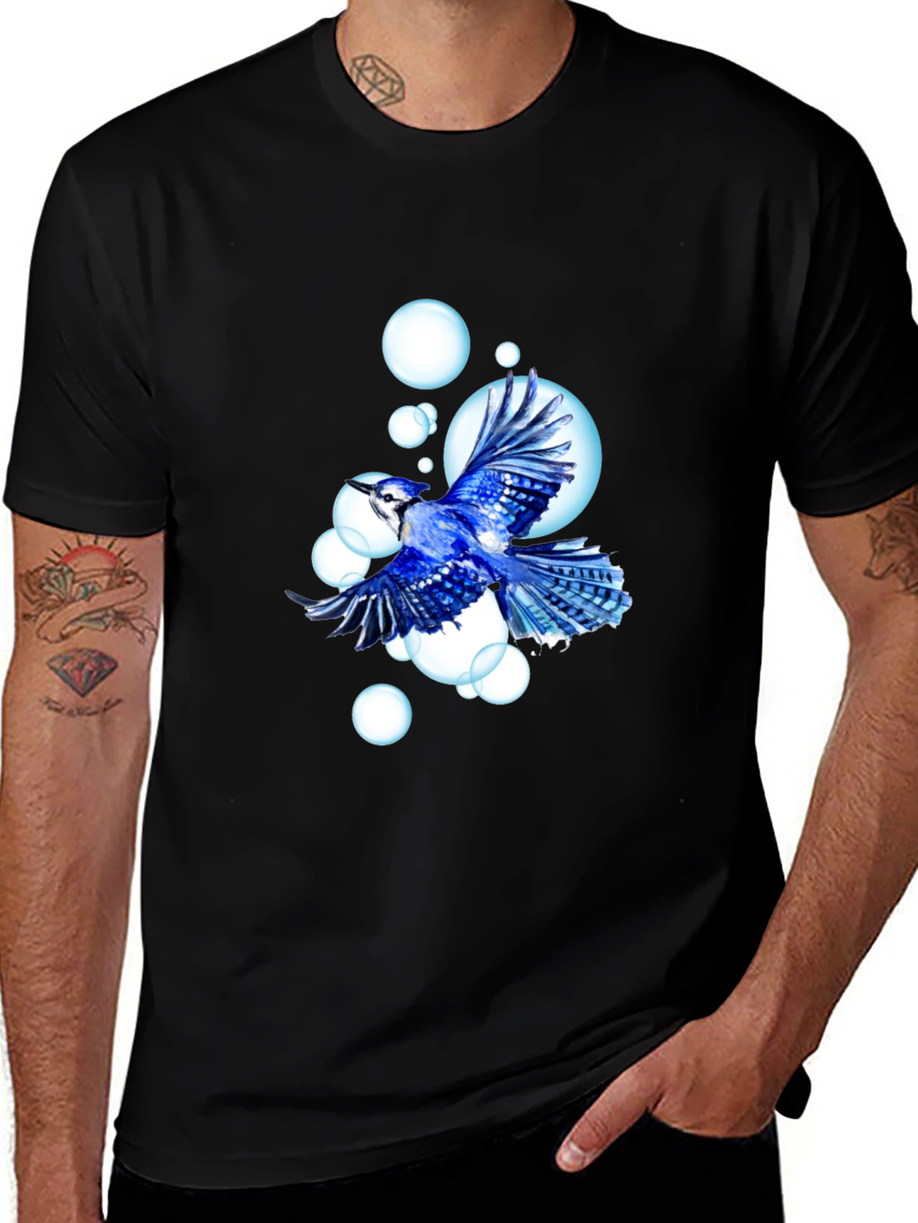 Variant 17 of Blue Jay T-Shirt - Bird & Bubbles Design