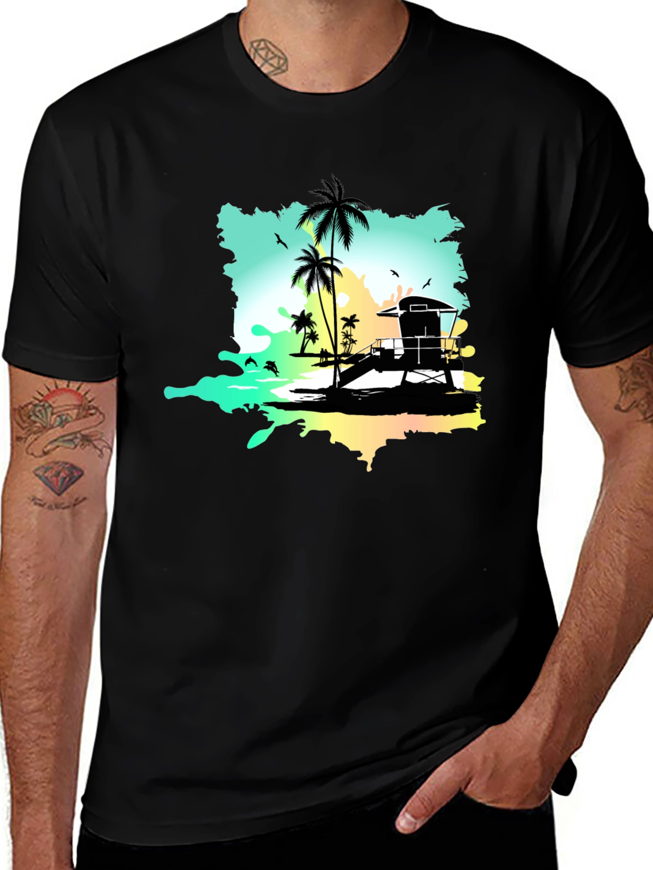 Variant 20 of Tropical Beach Graphic Tee - Black